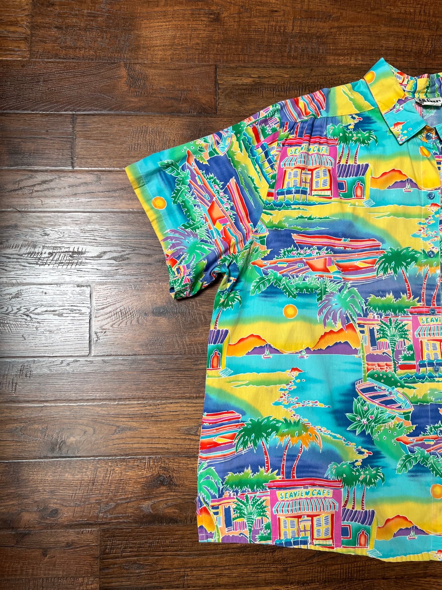 Vintage Clothing - Short Sleeve Hawaiian Shirt - Colorful Sea View Cafe Novelty Print - All Hours - 2X-Large