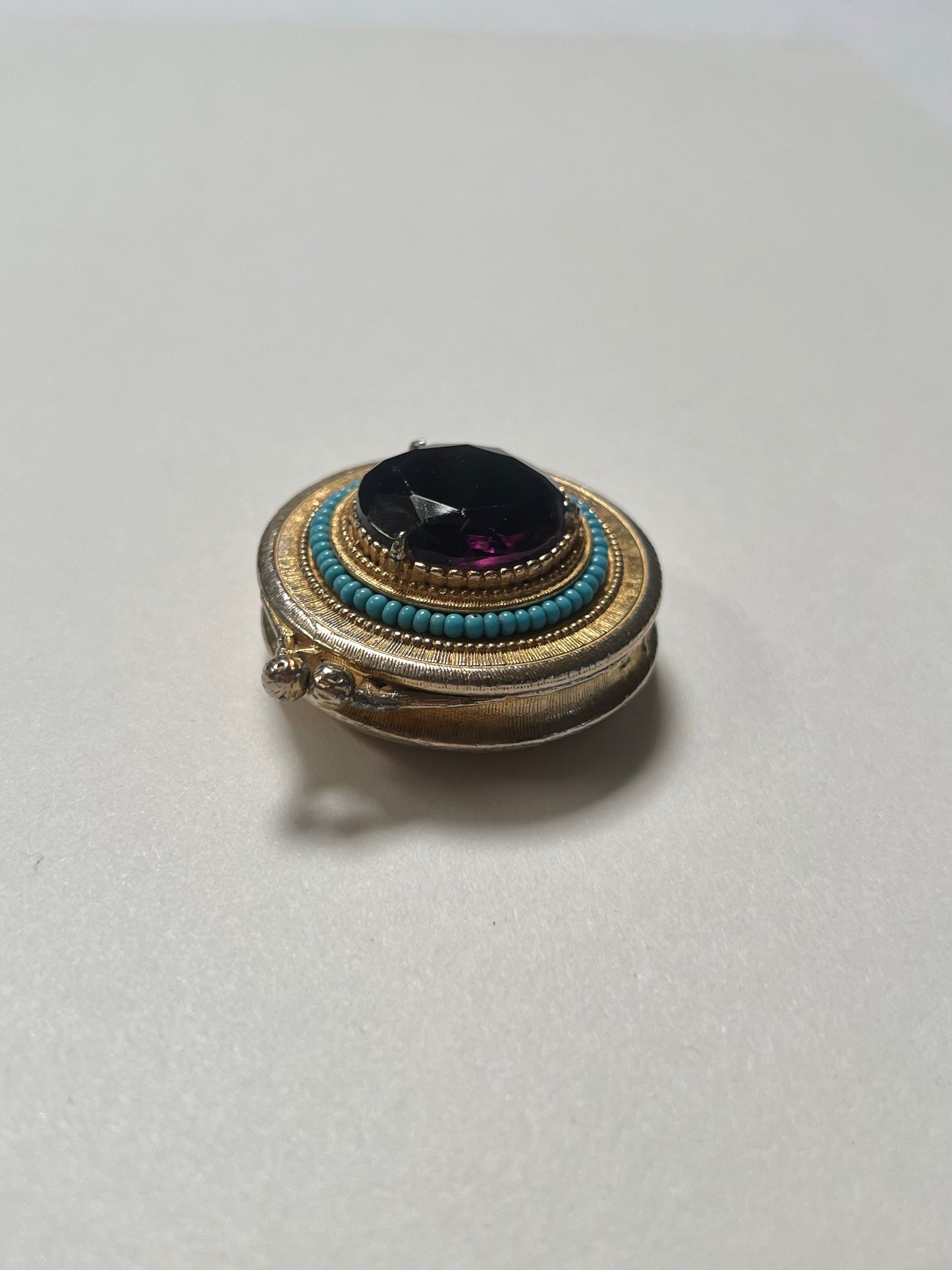 Vintage Trinket Box - Hinged Brass Pill Box - Round - Large Purple Faceted Stone - Turquoise Beads - Forenza