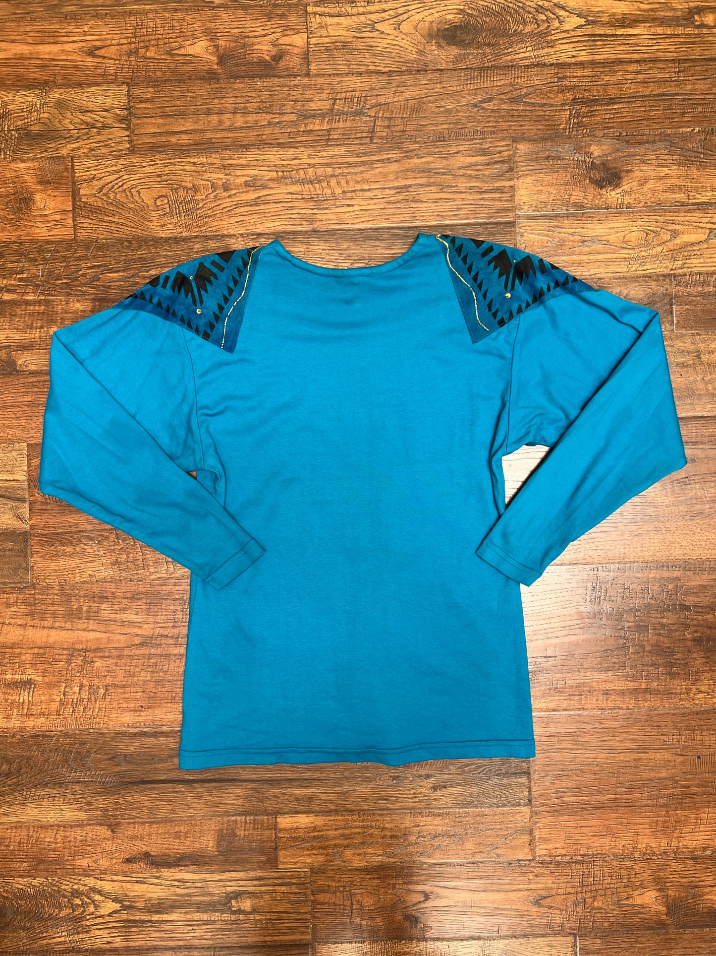 Vintage Clothing - Long Sleeve Shirt - Southwestern Print on Blue - Medium - Silver Cloud