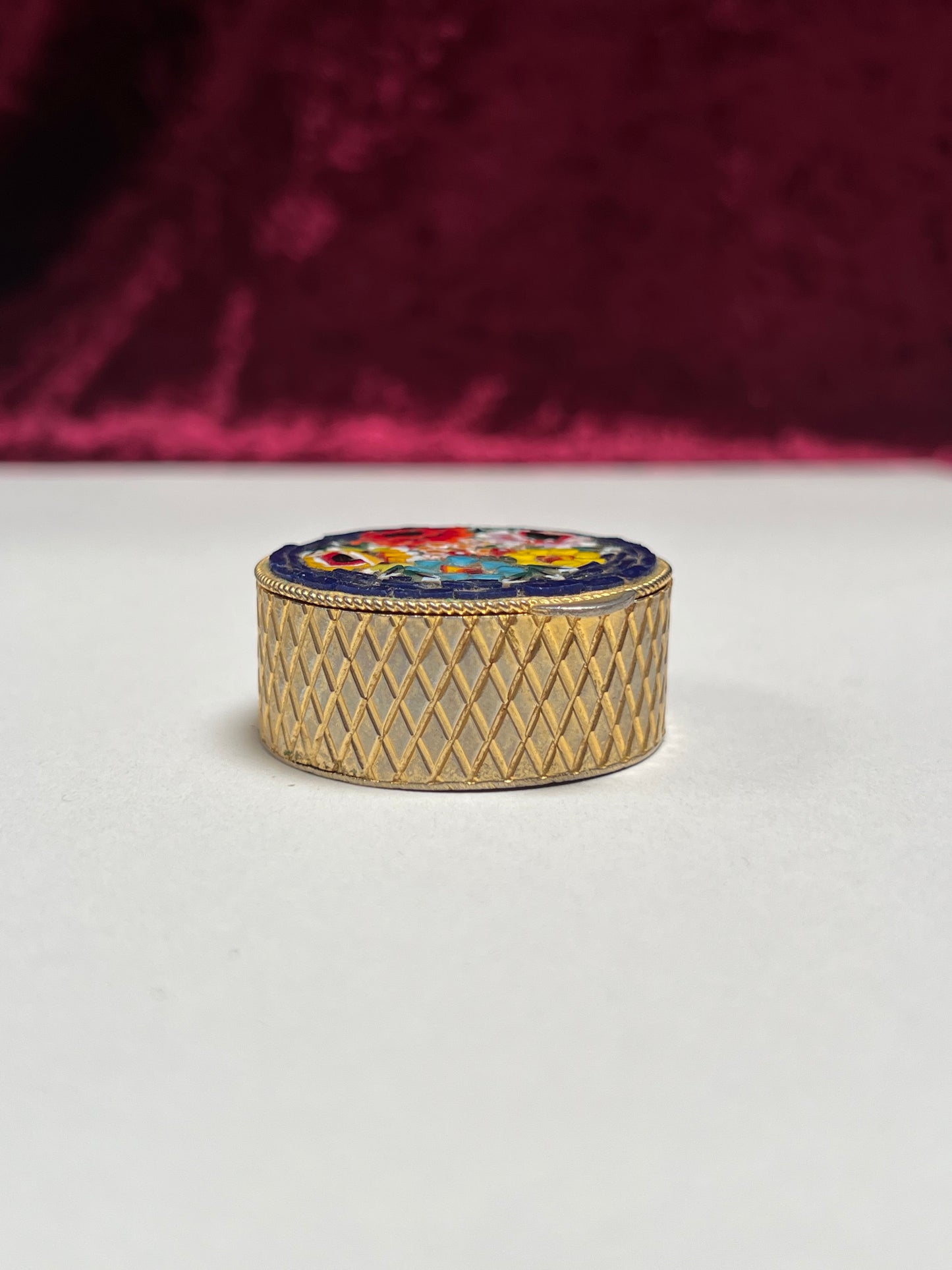 Vintage Trinket Box - Round Pill / Snuff Box - Italian Micro Mosaic - Dark Blue Floral - Basket Weave Design