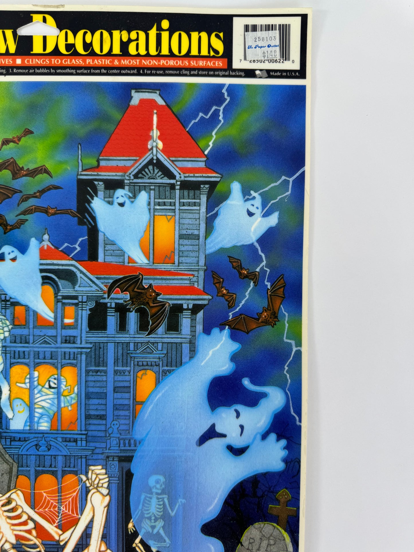 Vintage 1990s Color Clings Halloween Sheet | Skeleton Bats Mummy | Window Clings