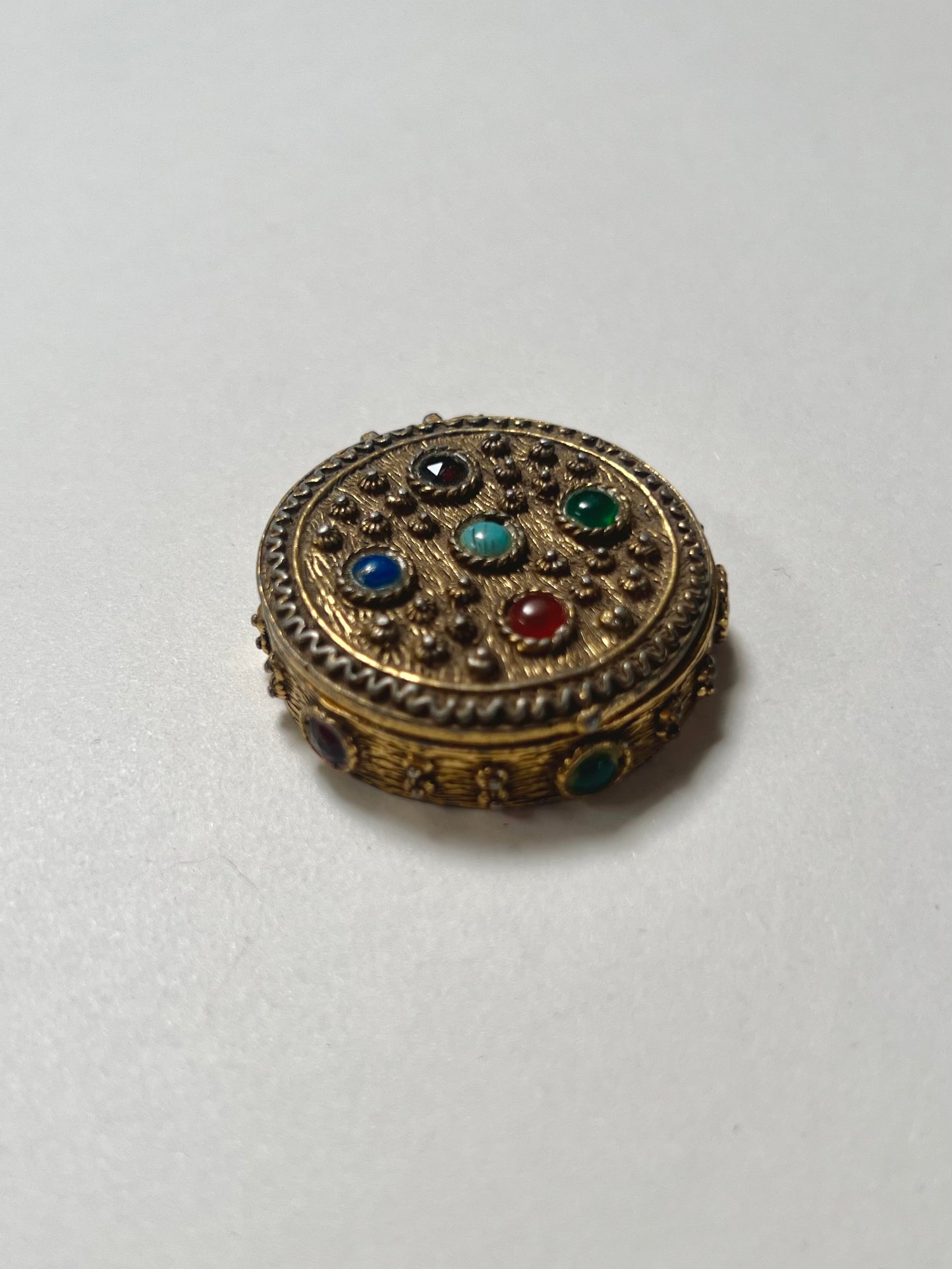 Vintage Trinket Box - Brass Pill Box - Round - Multicolor Gem Stones