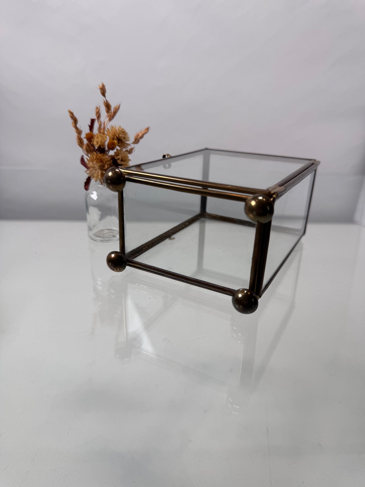 Vintage Curio - Brass and Glass Display with Hinged Door and Dried Bouquet - 5" Tall