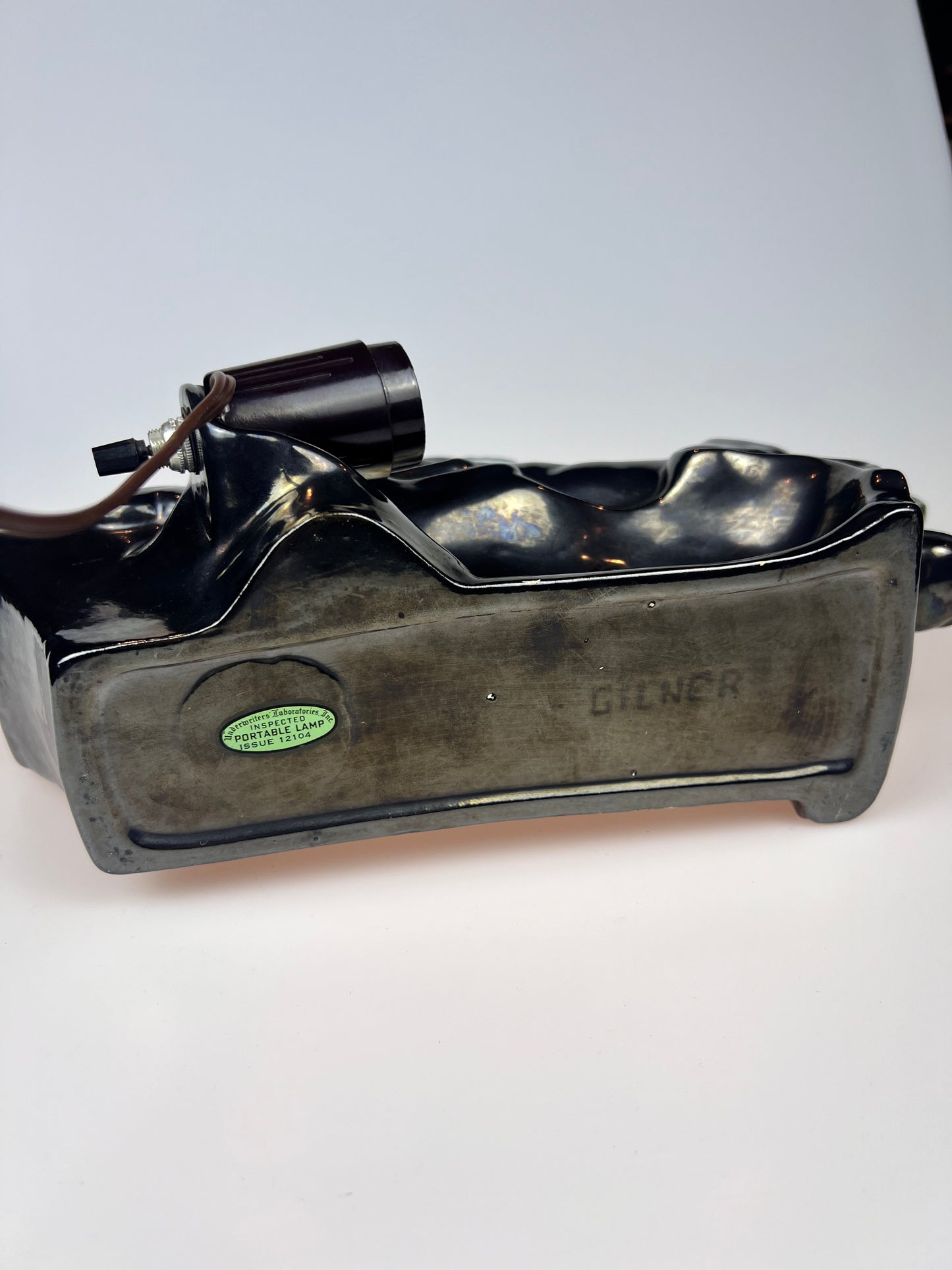 Vintage 1950s Underwriter Laboratories Ceramic TV Lamp Planter | Black & Teal | Mustang Horse