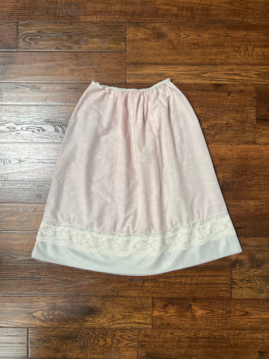 Vintage Clothing - Knee Length Skirt Slip - Pink Floral Print - White Lace Trim - Small
