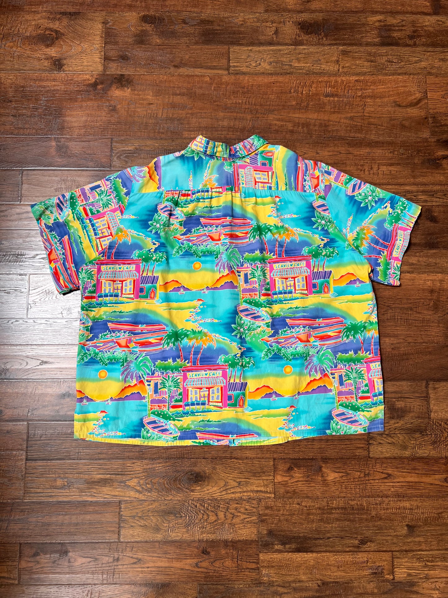 Vintage Clothing - Short Sleeve Hawaiian Shirt - Colorful Sea View Cafe Novelty Print - All Hours - 2X-Large