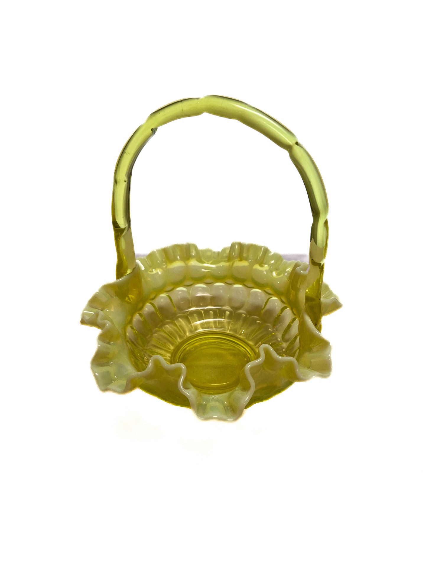 Vintage Art Glass - Thumbprint Basket - Opalescent Topaz Uranium - Fenton