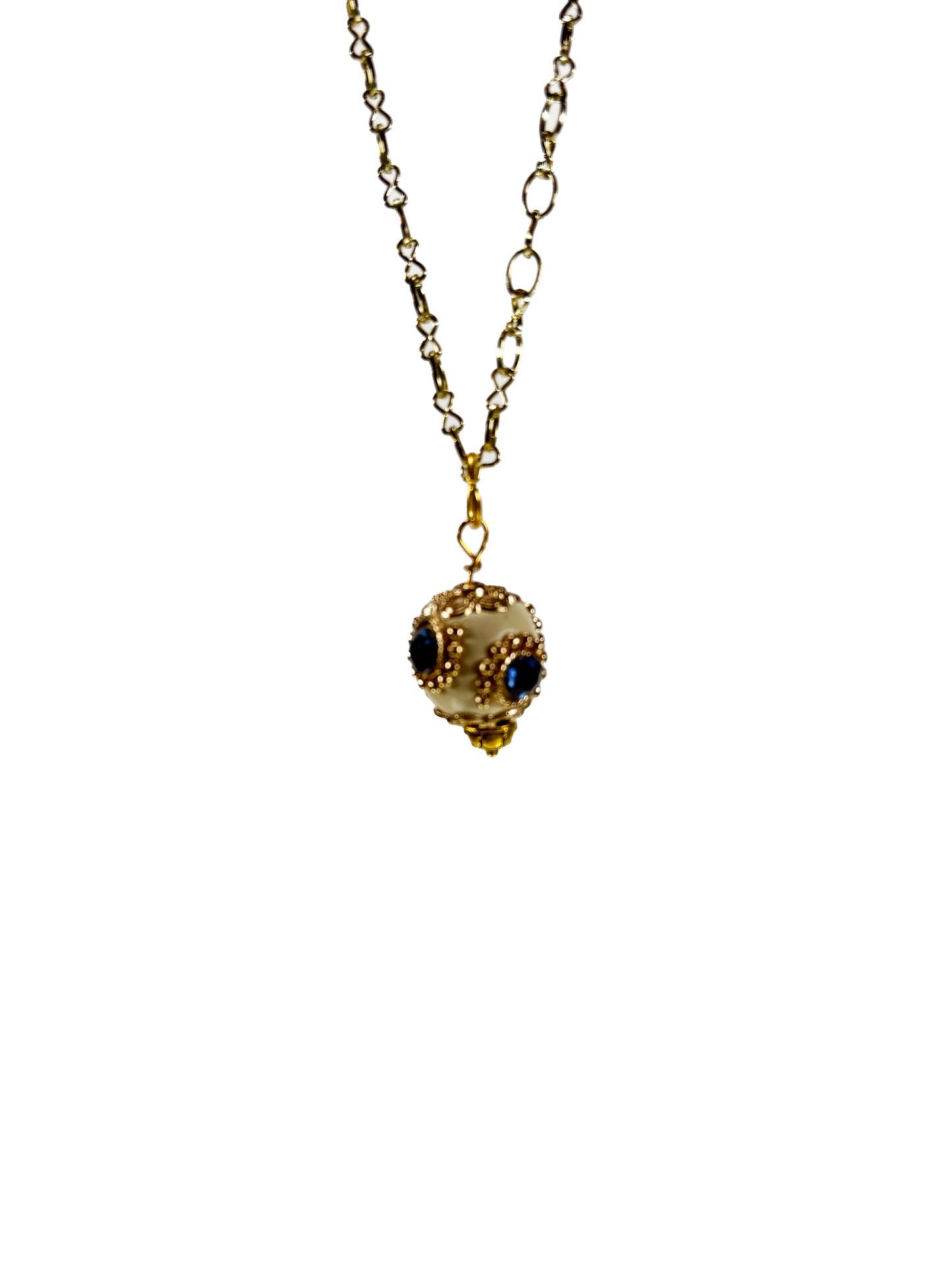 Vintage Necklace - Enamel and Rhinestone Bead on Gold Tone Chain - Magnetic Closure