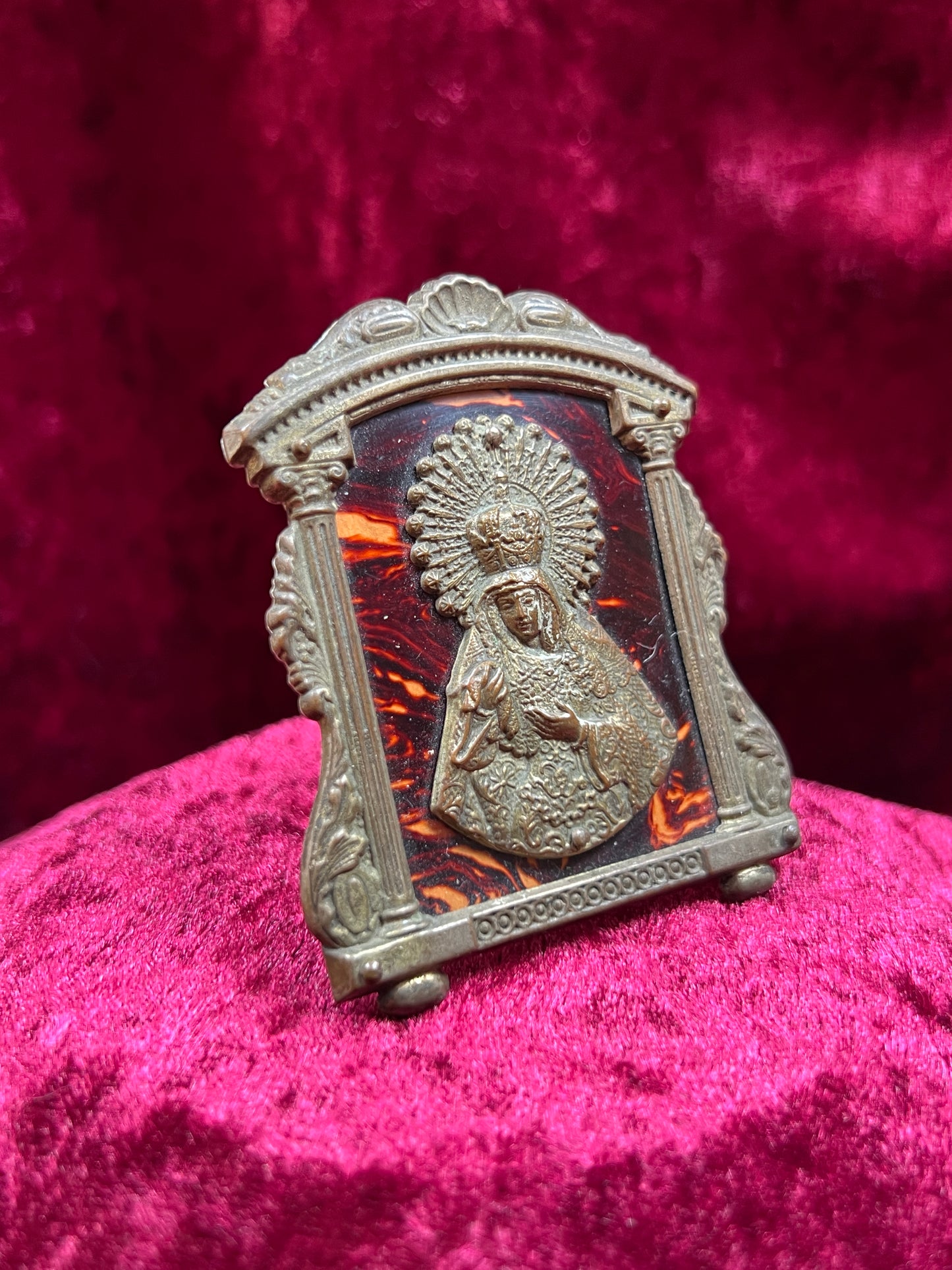 Vintage Religio - Framed Icon on Red Celluloid - Virgin Mary as Queen - 2.5" X 2"