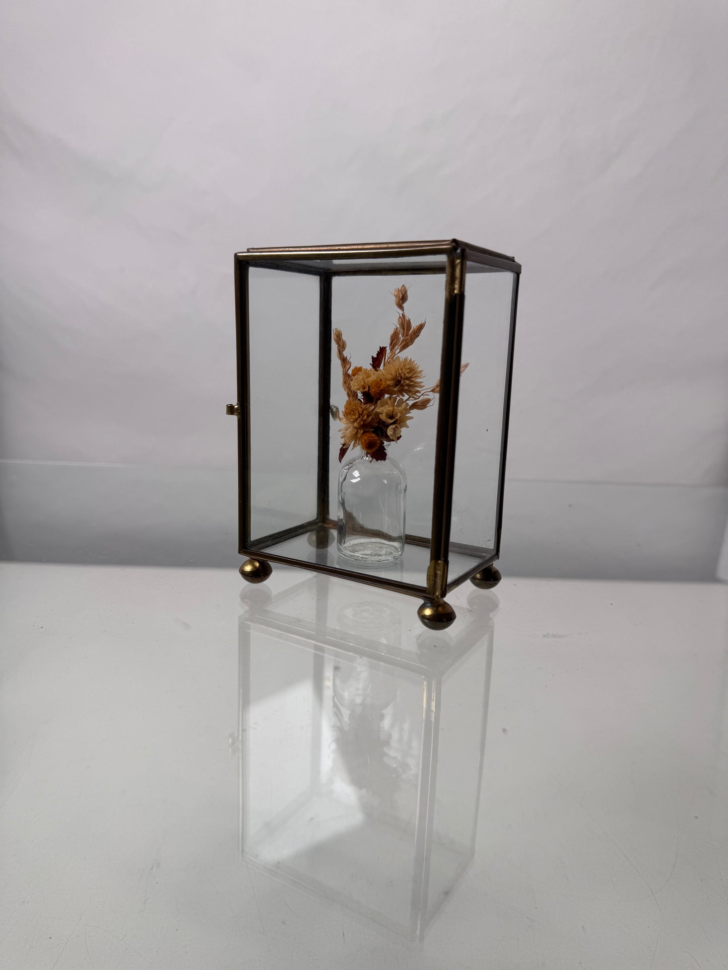 Vintage Curio - Brass and Glass Display with Hinged Door and Dried Bouquet - 5" Tall