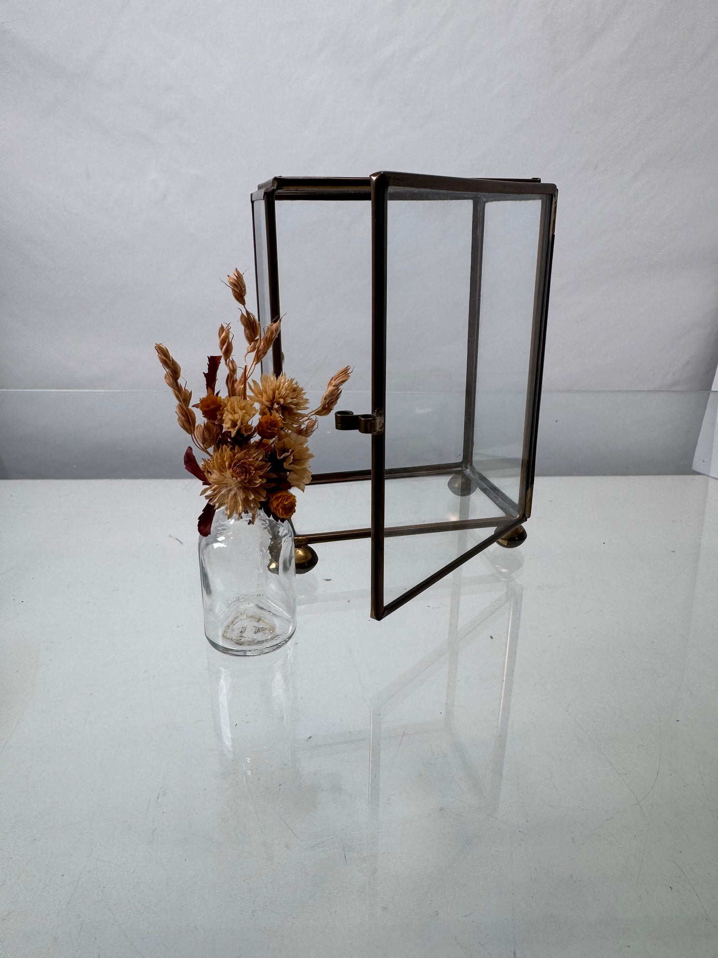 Vintage Curio - Brass and Glass Display with Hinged Door and Dried Bouquet - 5" Tall