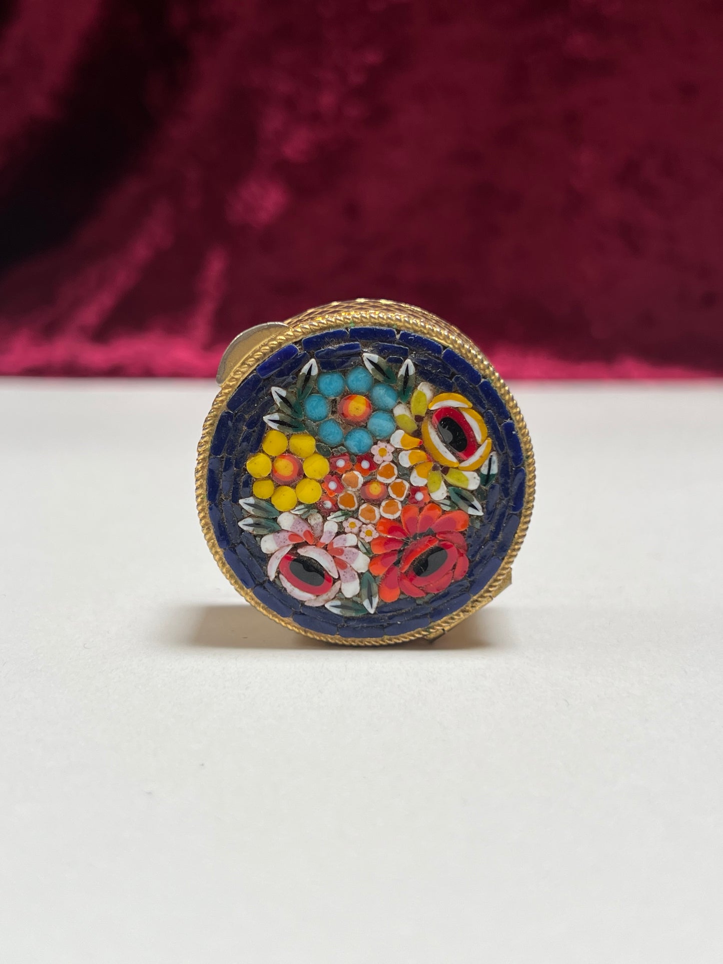 Vintage Trinket Box - Round Pill / Snuff Box - Italian Micro Mosaic - Dark Blue Floral - Basket Weave Design
