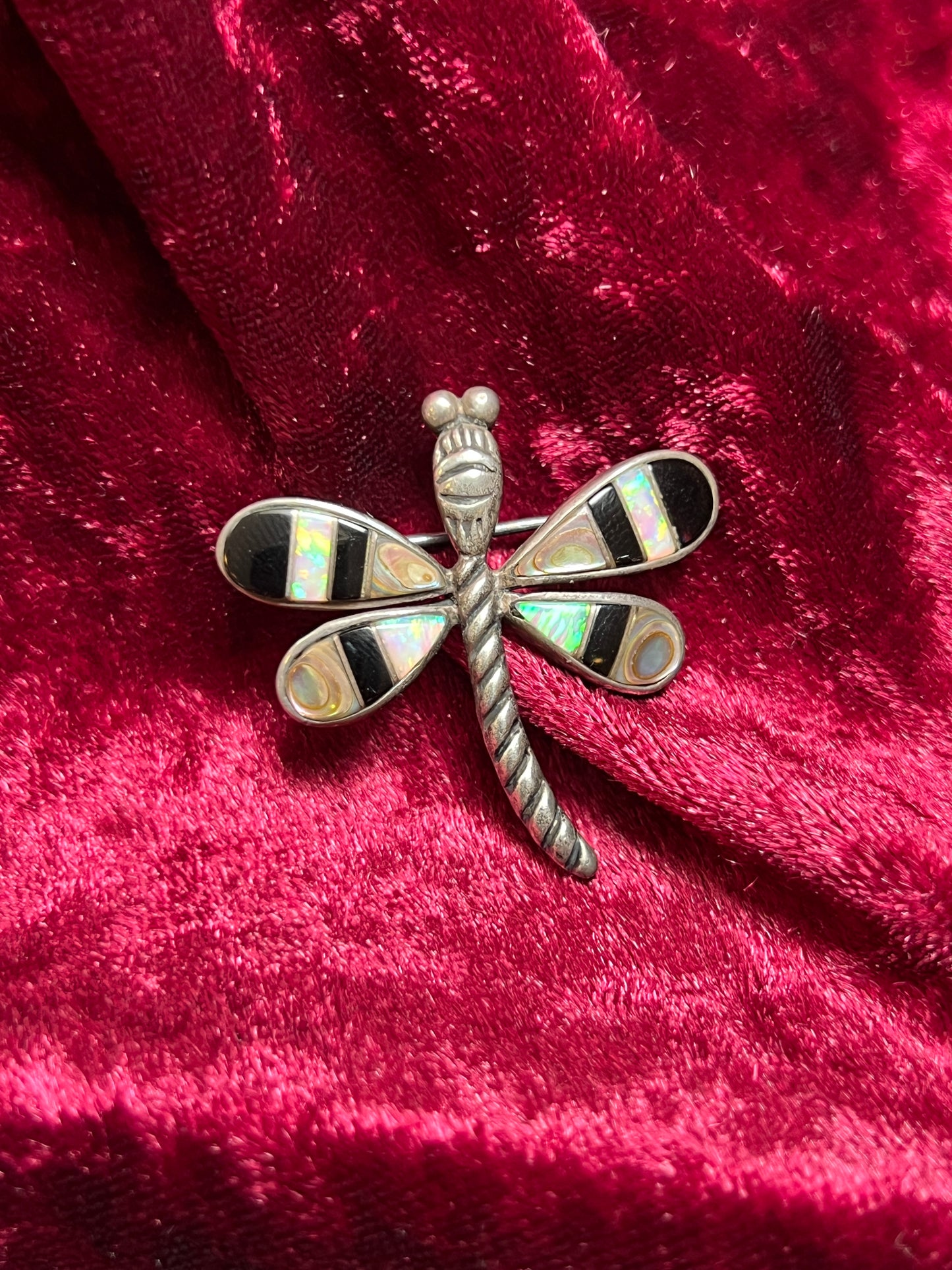 Vintage Jewelry - Brooch / Pendant - Silver Tone Metal with Inlay - Dragonfly