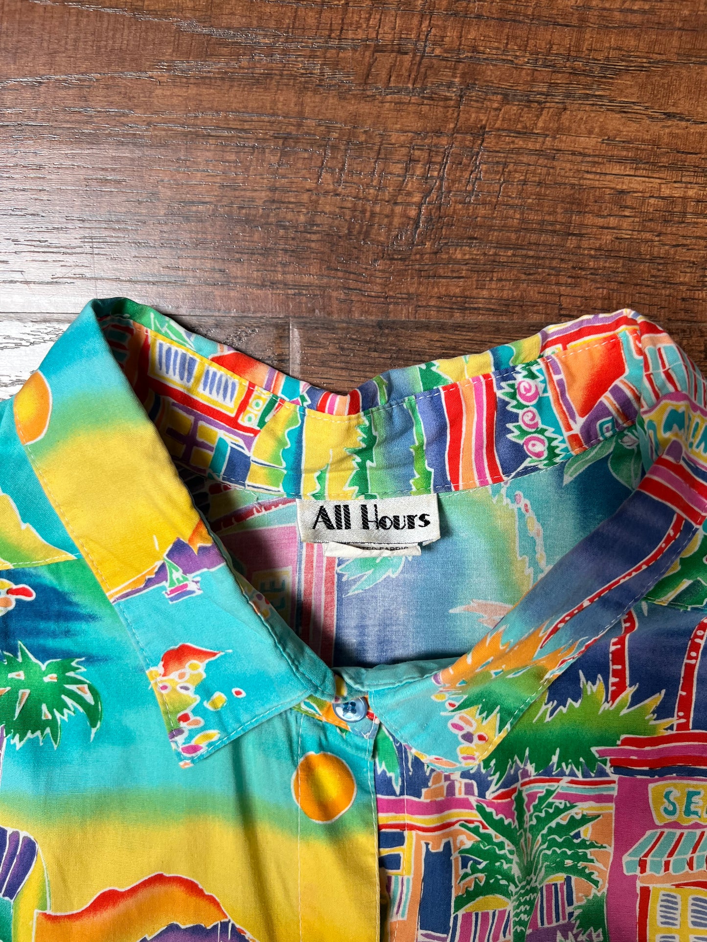 Vintage Clothing - Short Sleeve Hawaiian Shirt - Colorful Sea View Cafe Novelty Print - All Hours - 2X-Large