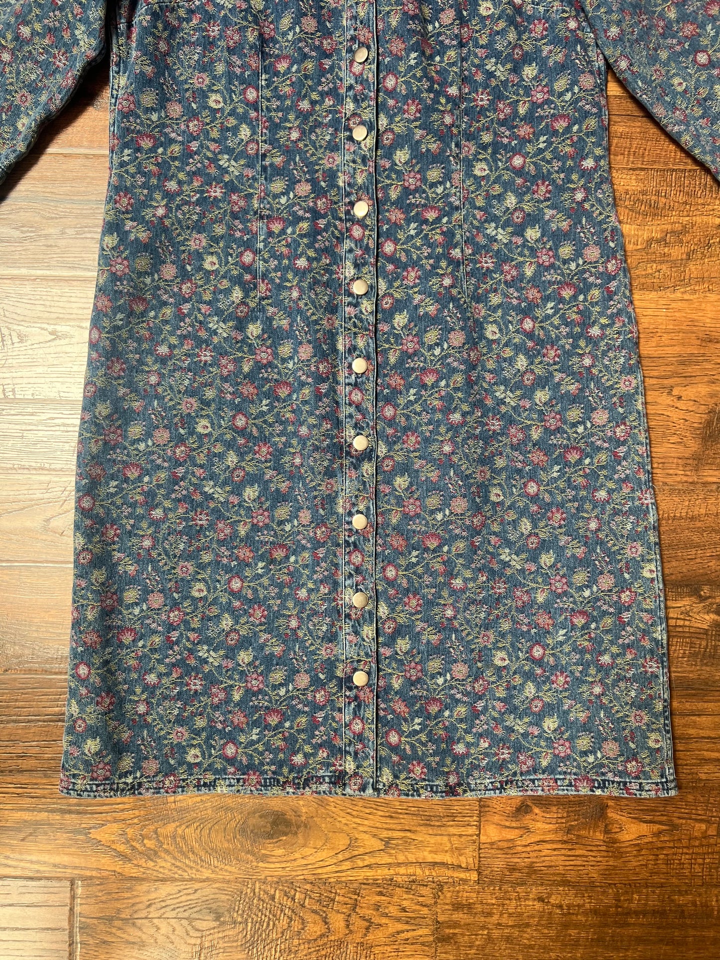 Vintage Clothing - Jacket - Blue Floral Denim Button Up Jacquard Long Shirt Dress - The Territory Ahead - Size 12