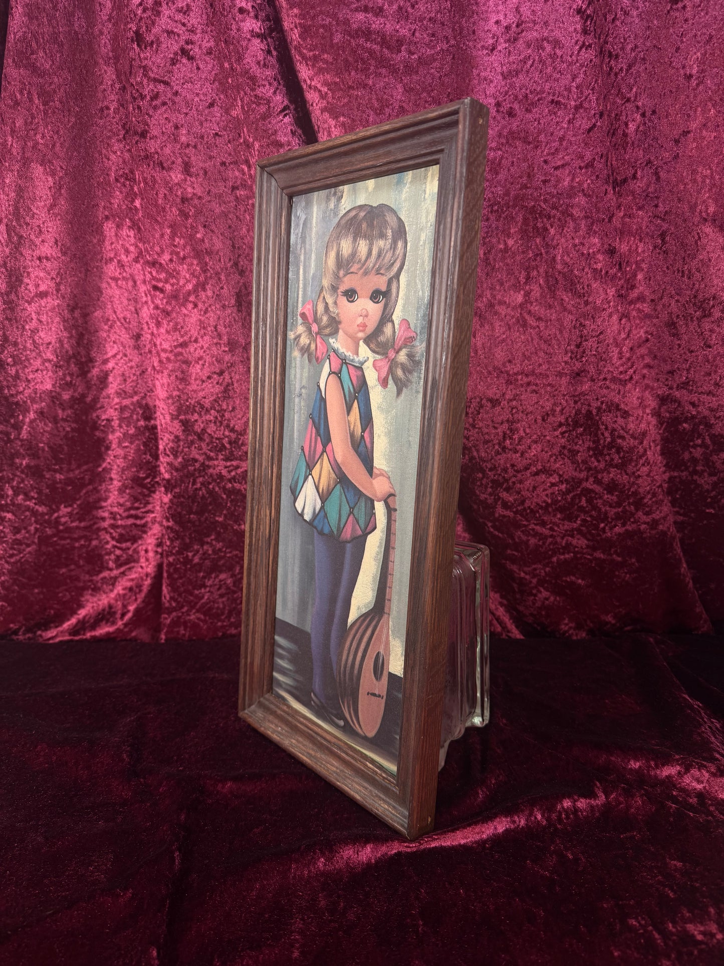 Vintage Mid Century Framed Wall Art – Big Eyes Lute Harlequin Girl Portrait - Moppet by Jean Maio