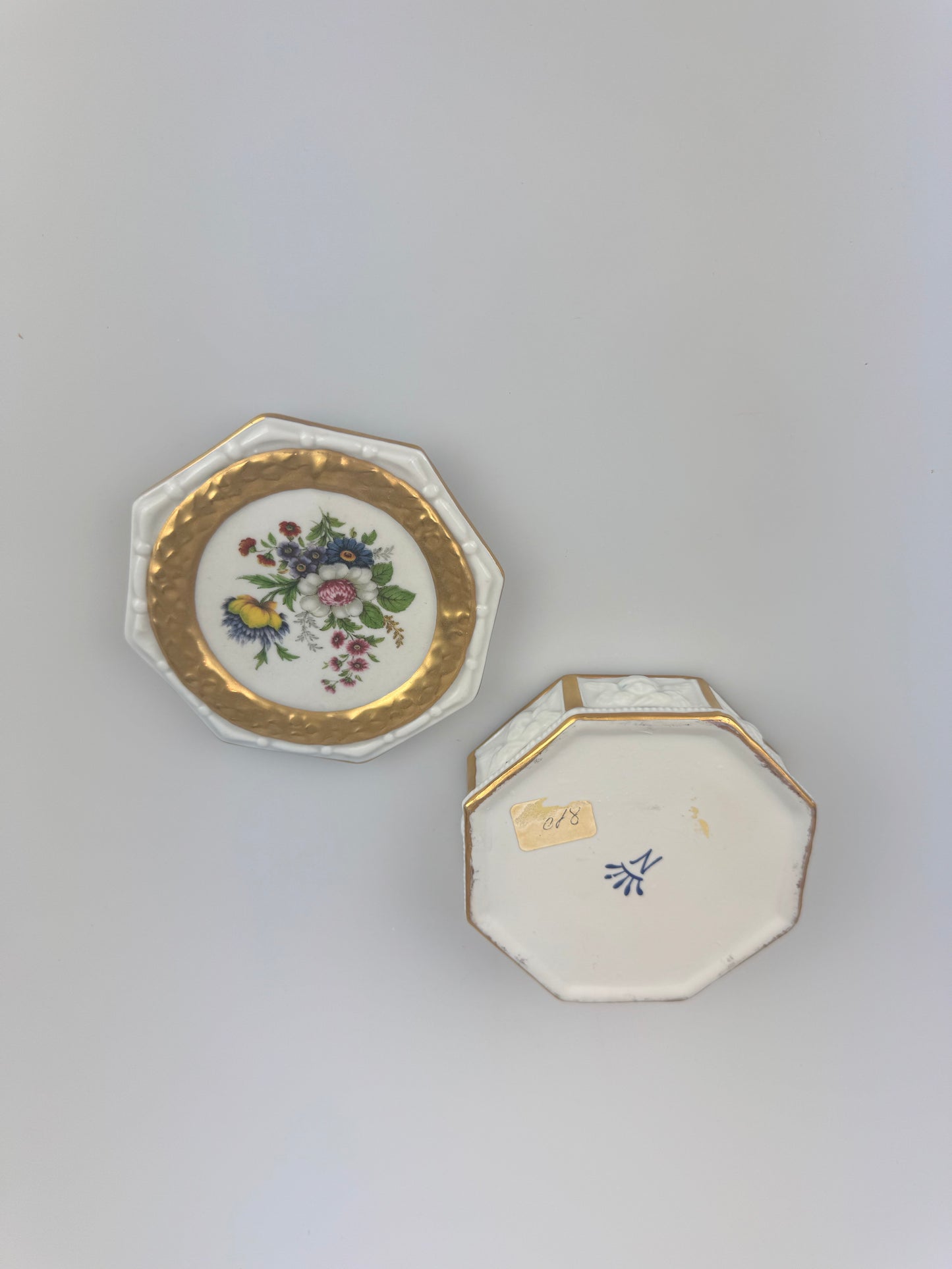 Vintage Capodimonte Italian Porcelain Octagonal Trinket Box - Floral with Cherubs