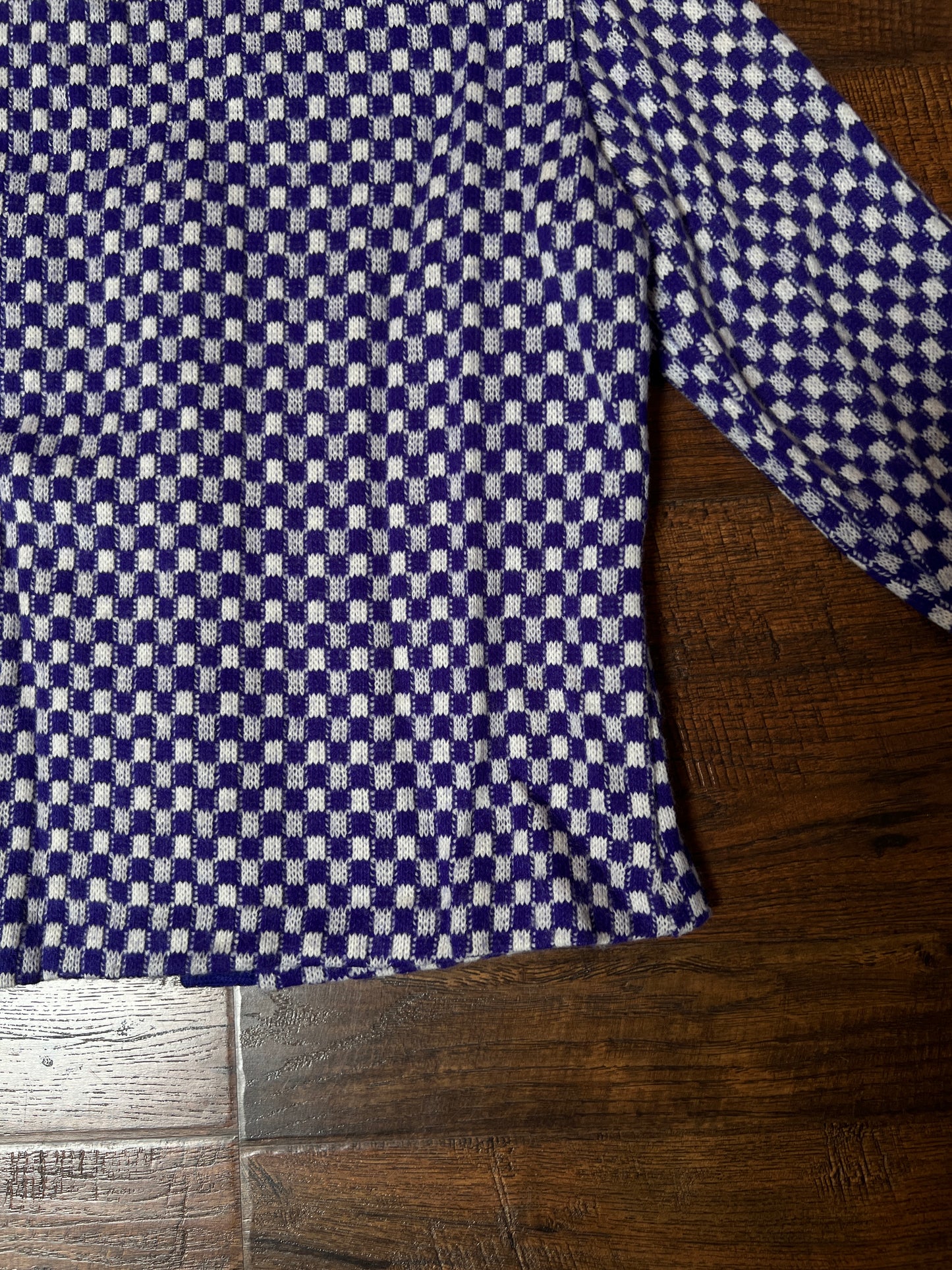 Vintage Acrylic Cardigan - Purple White Checkered Knit Button Front Sweater - Small