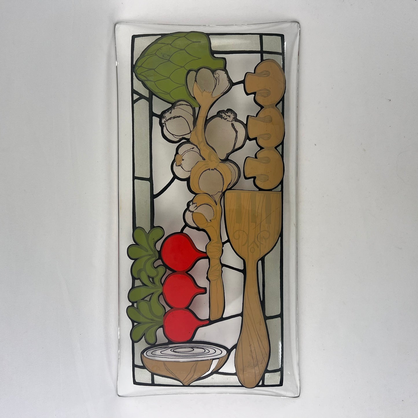 Vintage Rectangular Curved Glass Serving Tray w/ Vegetable Motif - Mid Century Modern Kitchen