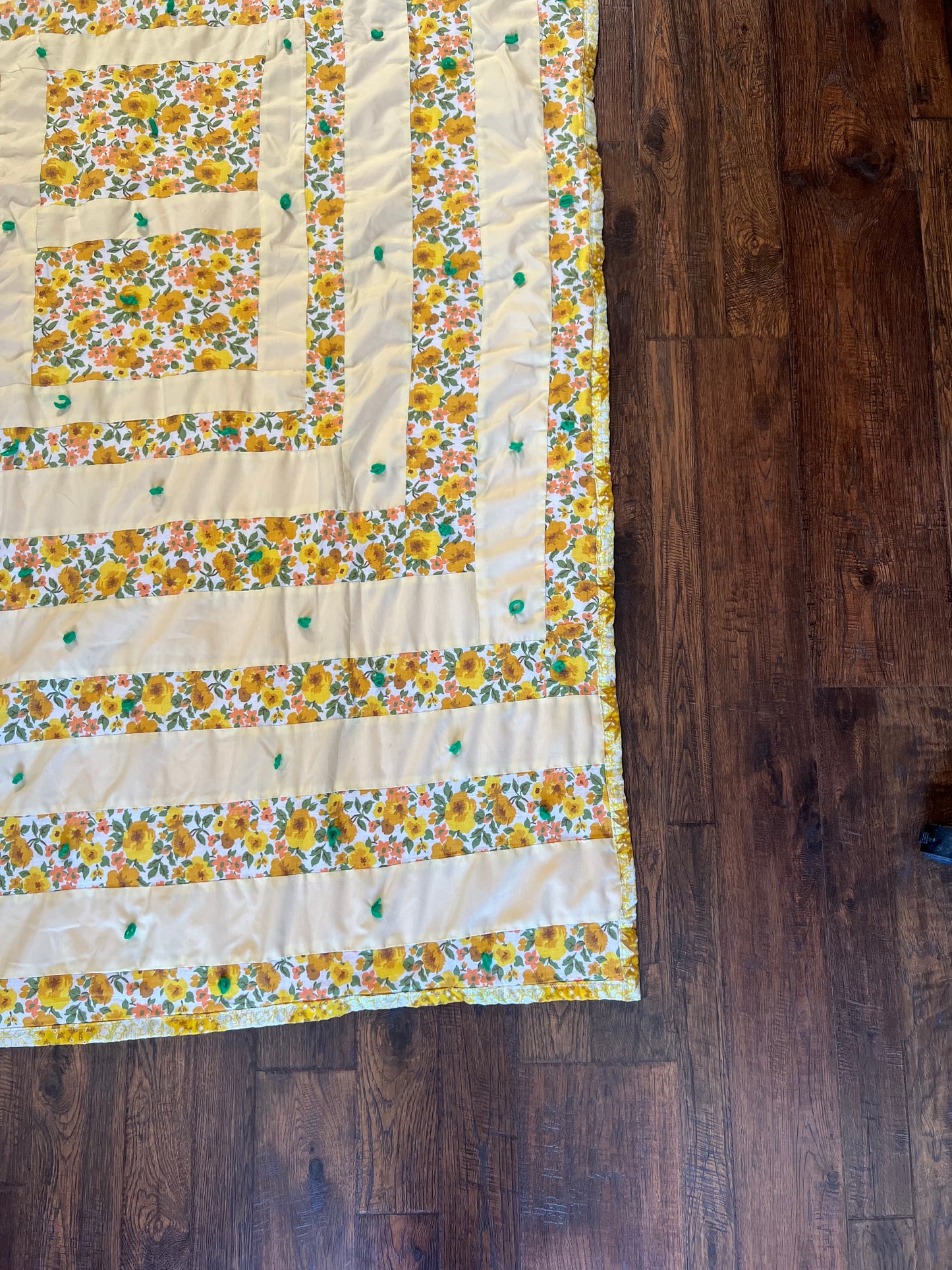 Vintage Linens - Handmade Quilt - Buttercream Yellow - Groovy Floral Patchwork - Double Sided - 81” X 67.5”
