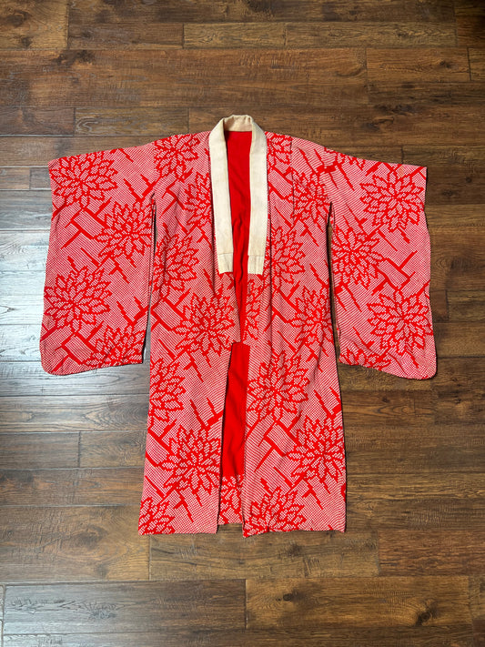 Vintage Clothing - Hand Sewn Kimono Robe - Red Floral Grid - Crepe Silk - OS