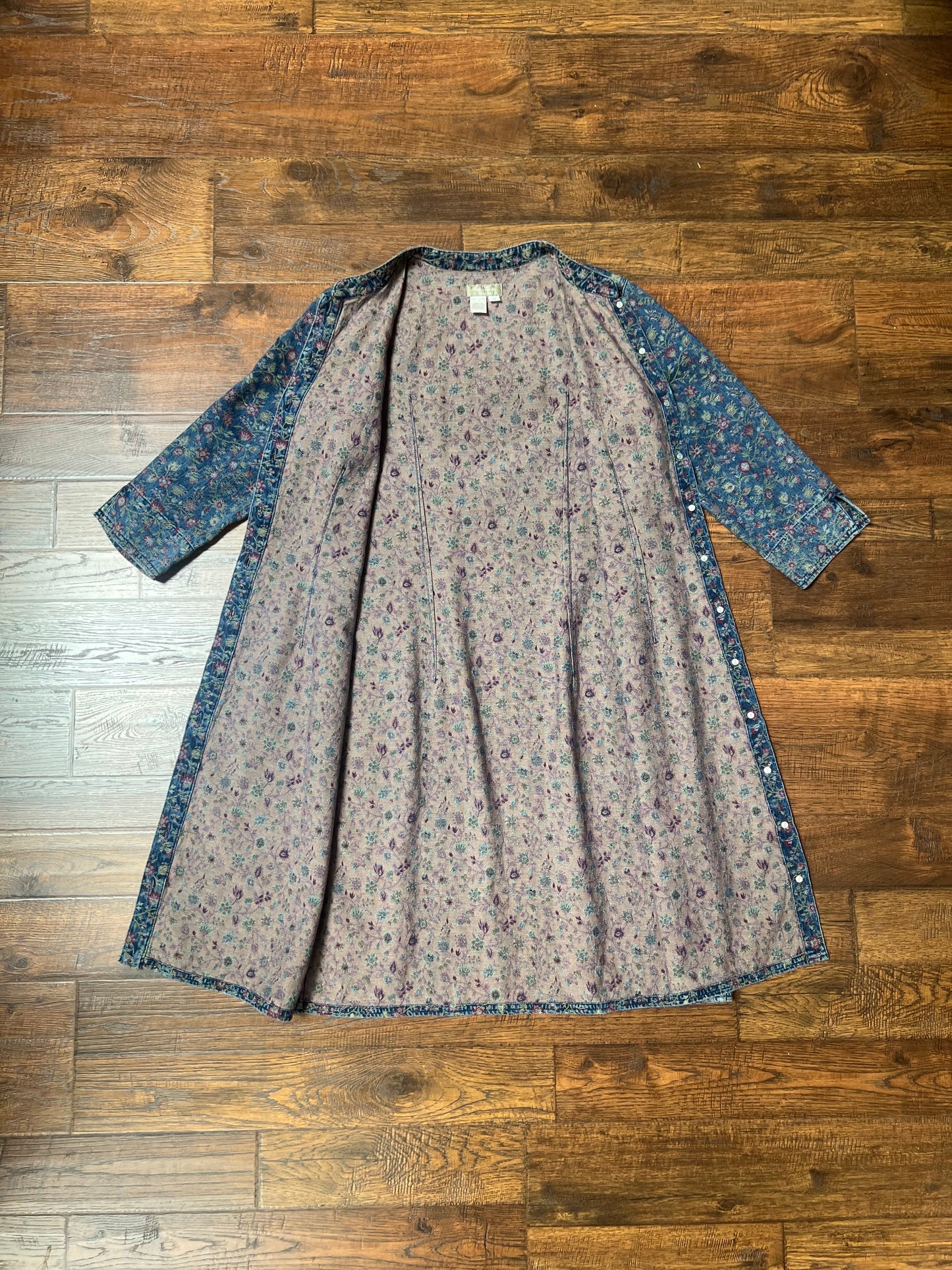 Vintage Clothing - Jacket - Blue Floral Denim Button Up Jacquard Long Shirt Dress - The Territory Ahead - Size 12