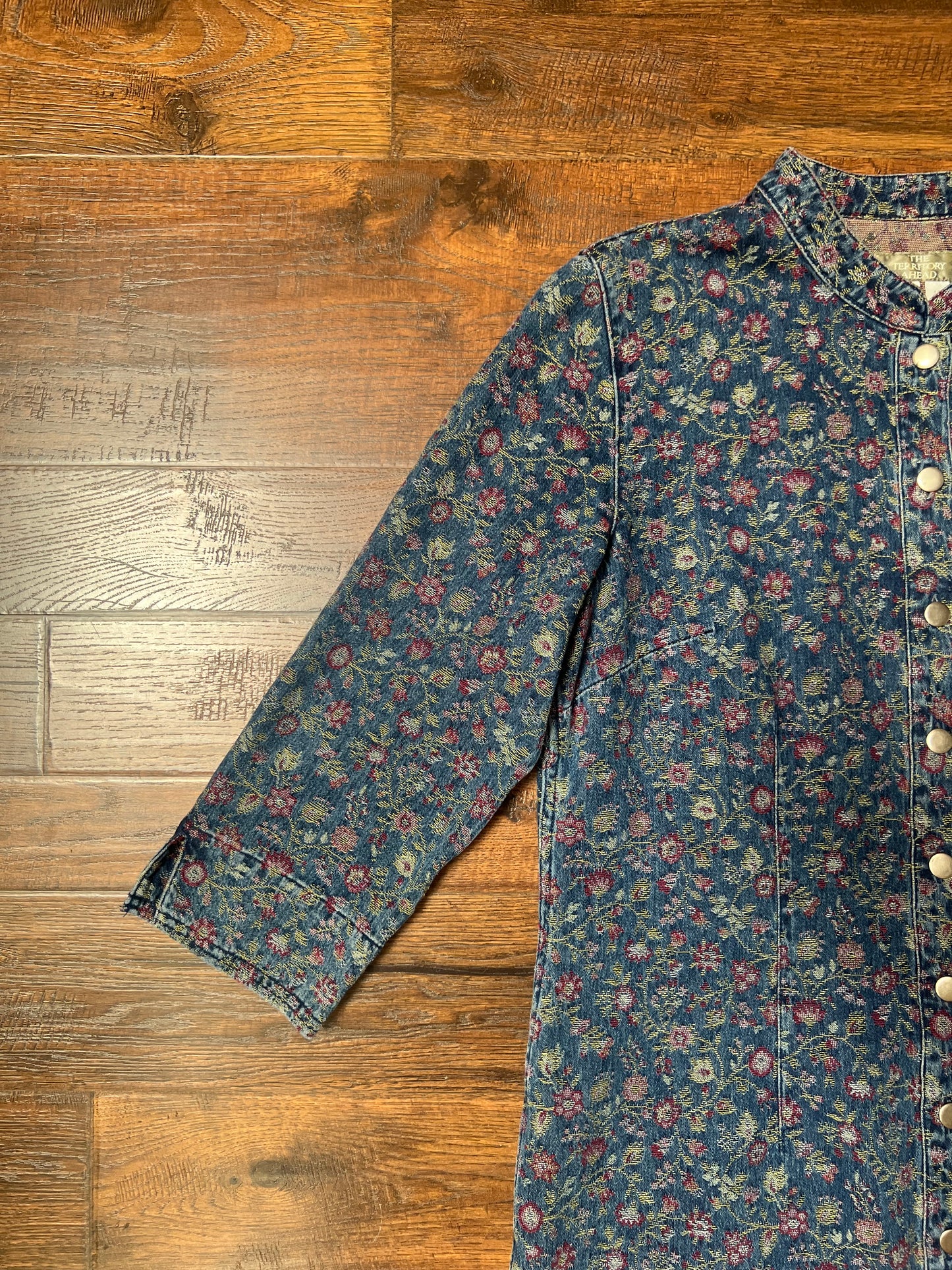 Vintage Clothing - Jacket - Blue Floral Denim Button Up Jacquard Long Shirt Dress - The Territory Ahead - Size 12