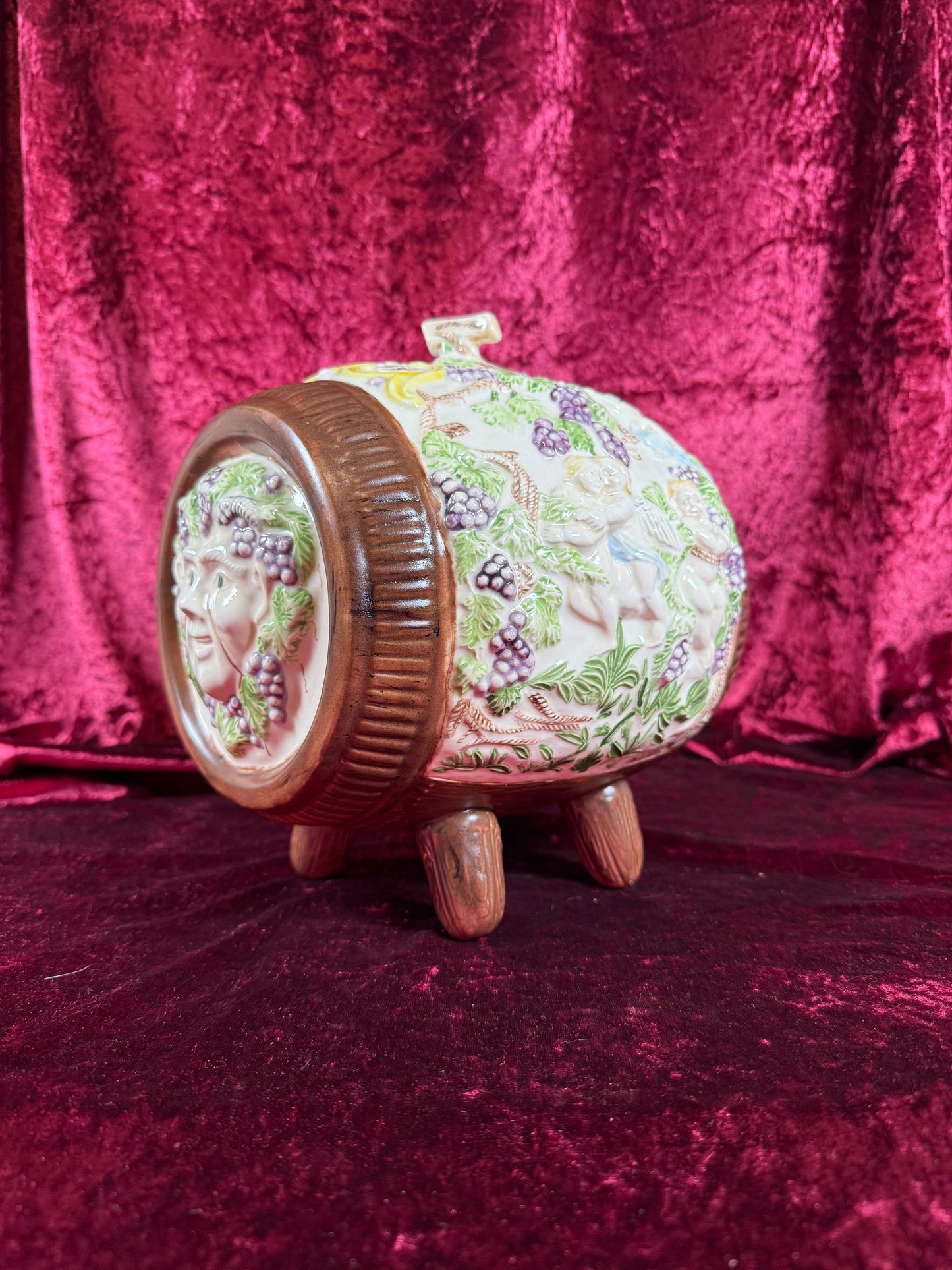 Vintage Pottery - Mid Century Wine Barrel Keg Decanter - Putti, Bacchus, Goat Relief
