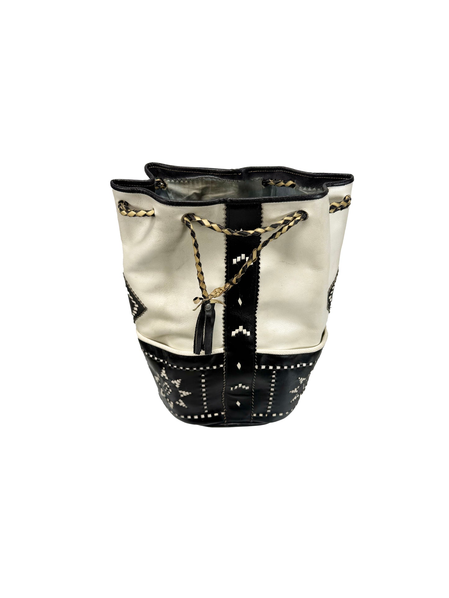 Vintage Purse - Black and White Leather Bucket Bag - Large