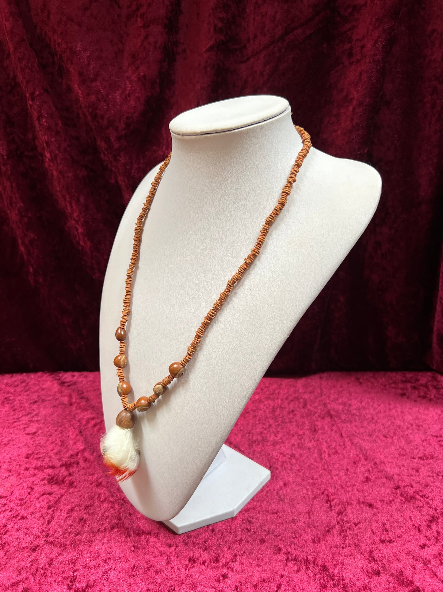 Vintage Jewelry - Necklace - Beaded Seeds - Feather Pendant - 14.5”