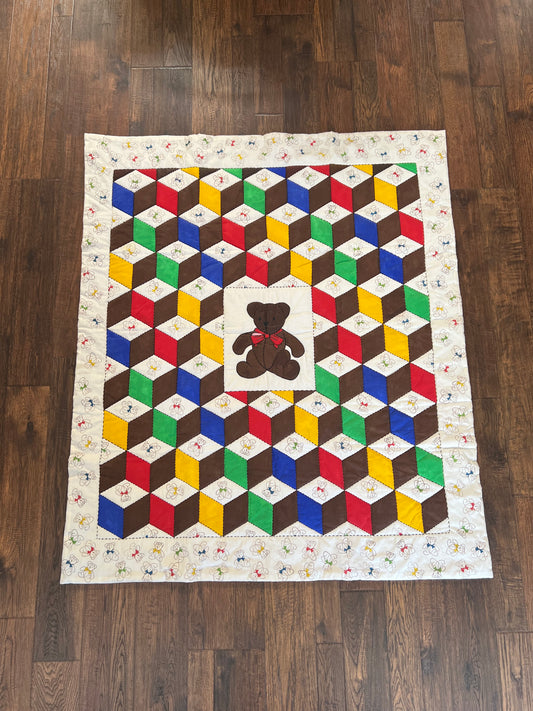 Vintage Linens - Handmade Baby Quilt - Teddy Bear Blanket
