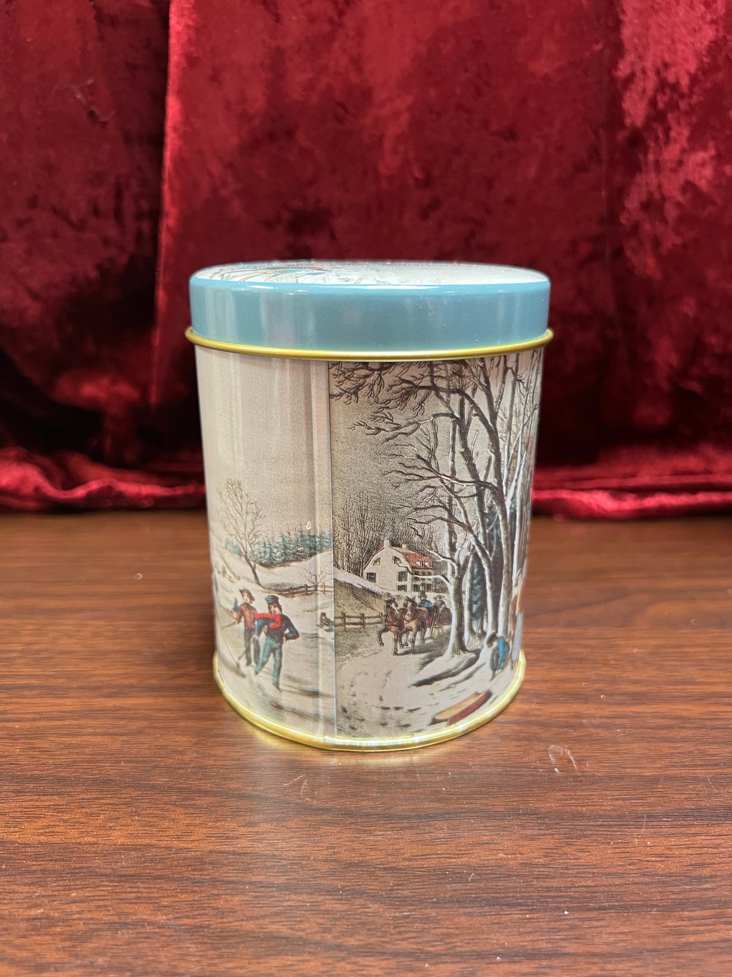 Vintage Christmas - Metal Nesting Tin Canister Set - Old New England Winter Scene - Made In Taiwan R.O.C.
