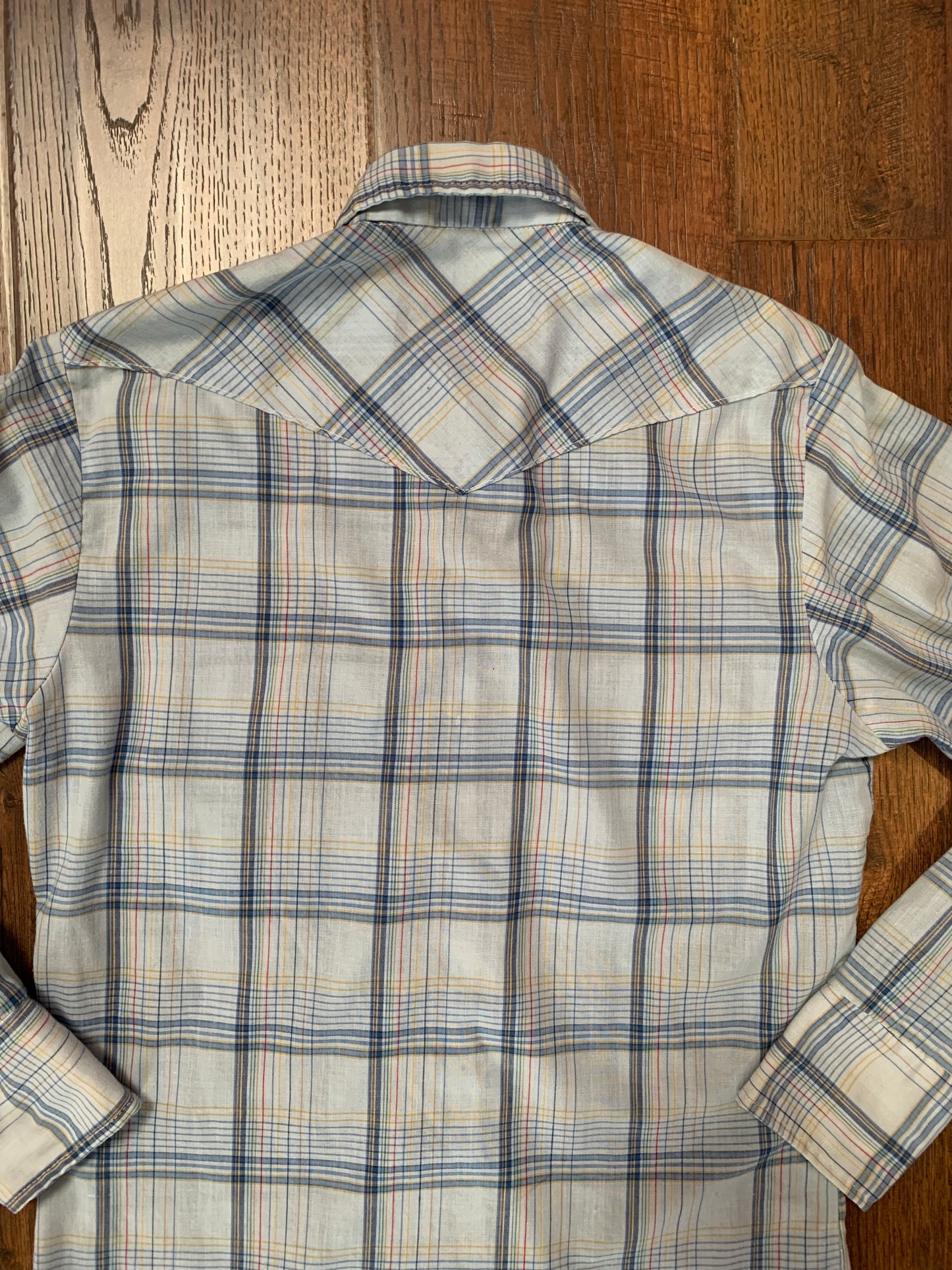 Vintage 1970s Mr. Leggs Pearl Snap Button Up Shirt - Light Blue Plaid - Small - Made In USA