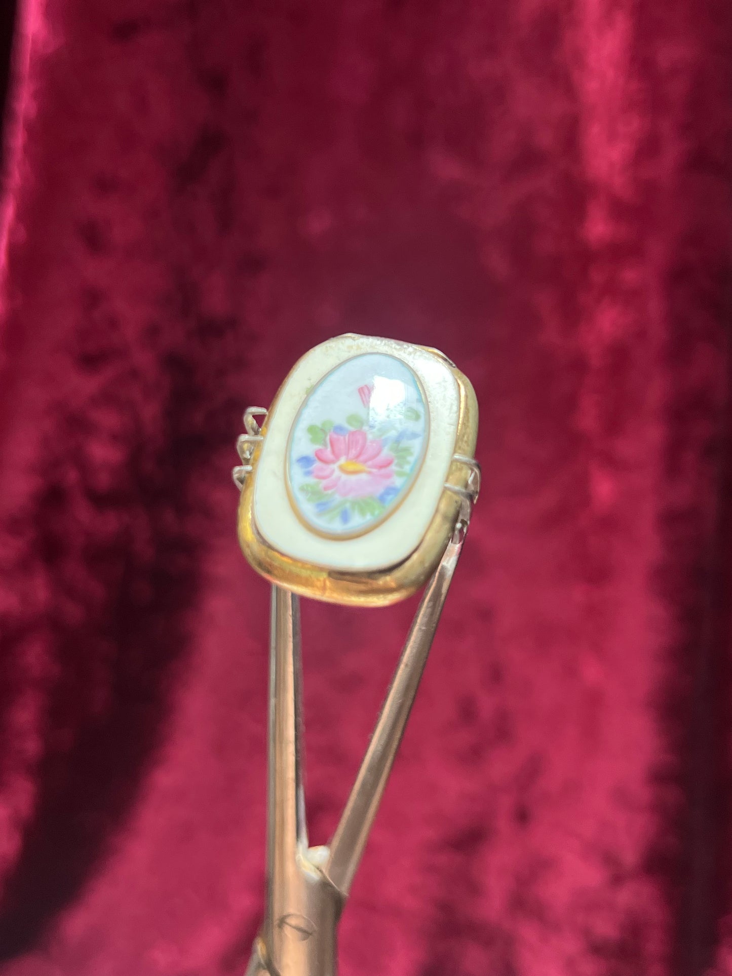 Vintage Trinket Box - Brass Pill Box - Hand Painted Pink Floral Design
