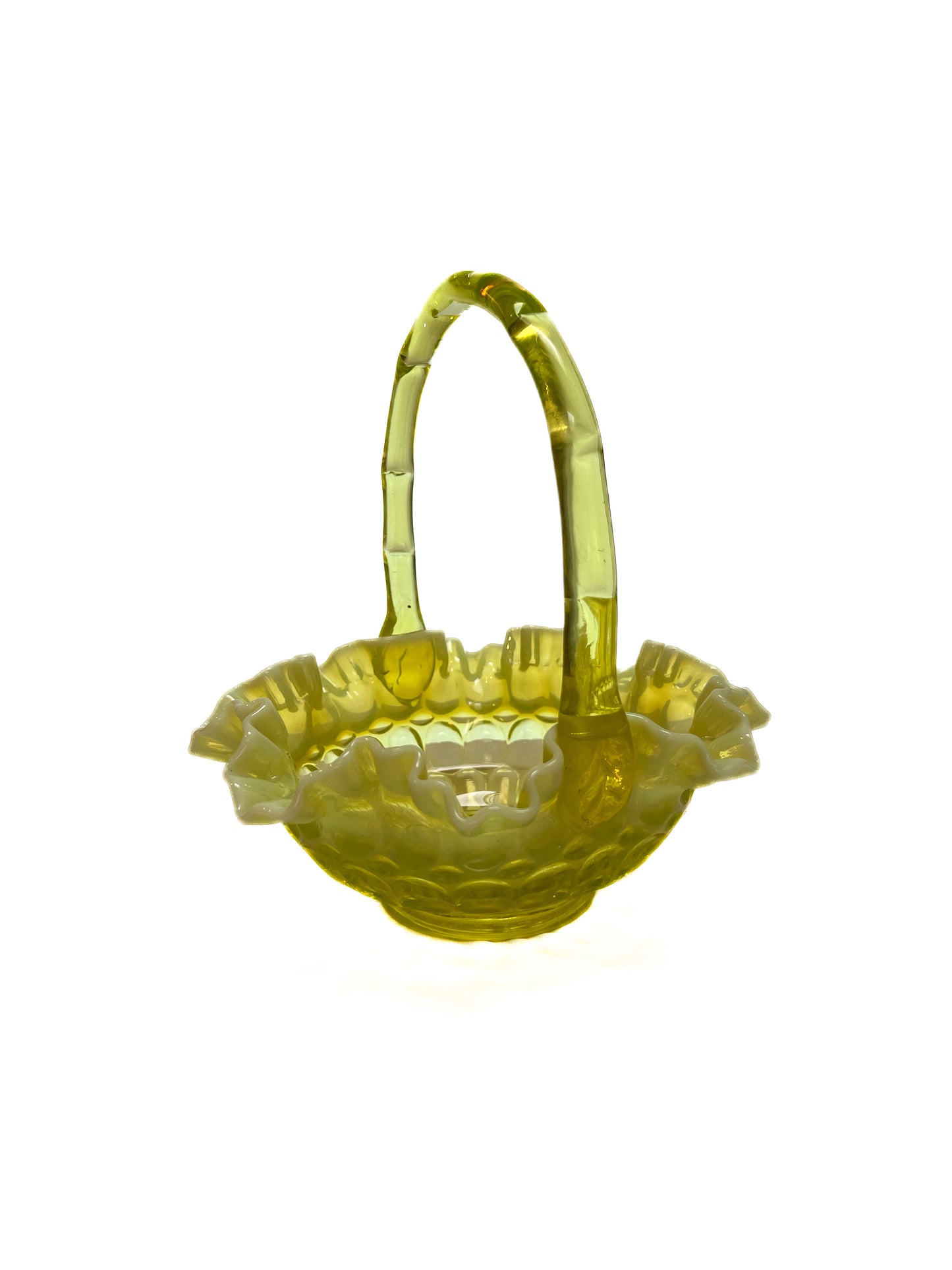 Vintage Art Glass - Thumbprint Basket - Opalescent Topaz Uranium - Fenton