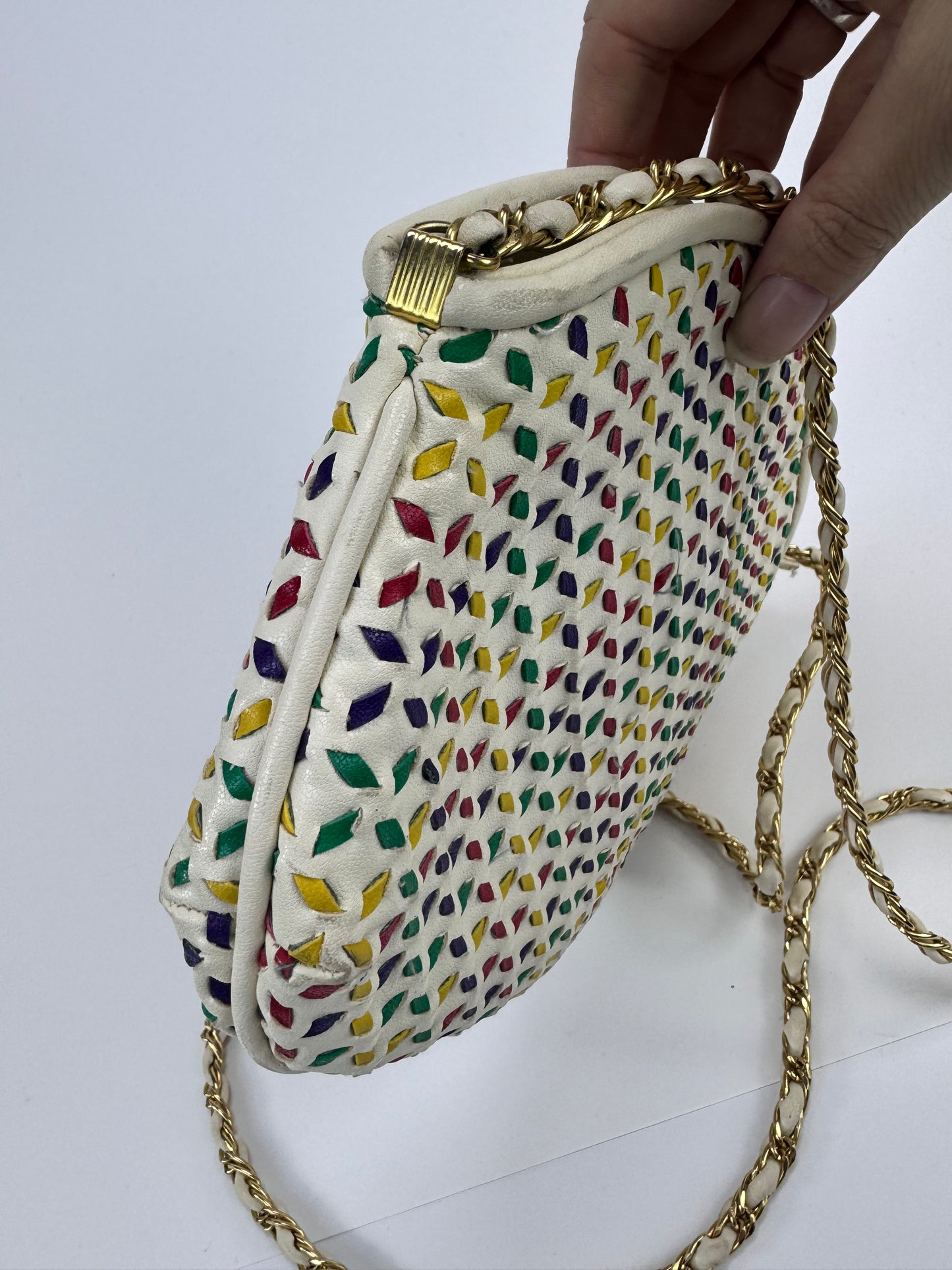 Vintage Crossbody Purse by Saddle River | White Leather w/ Colorful Details