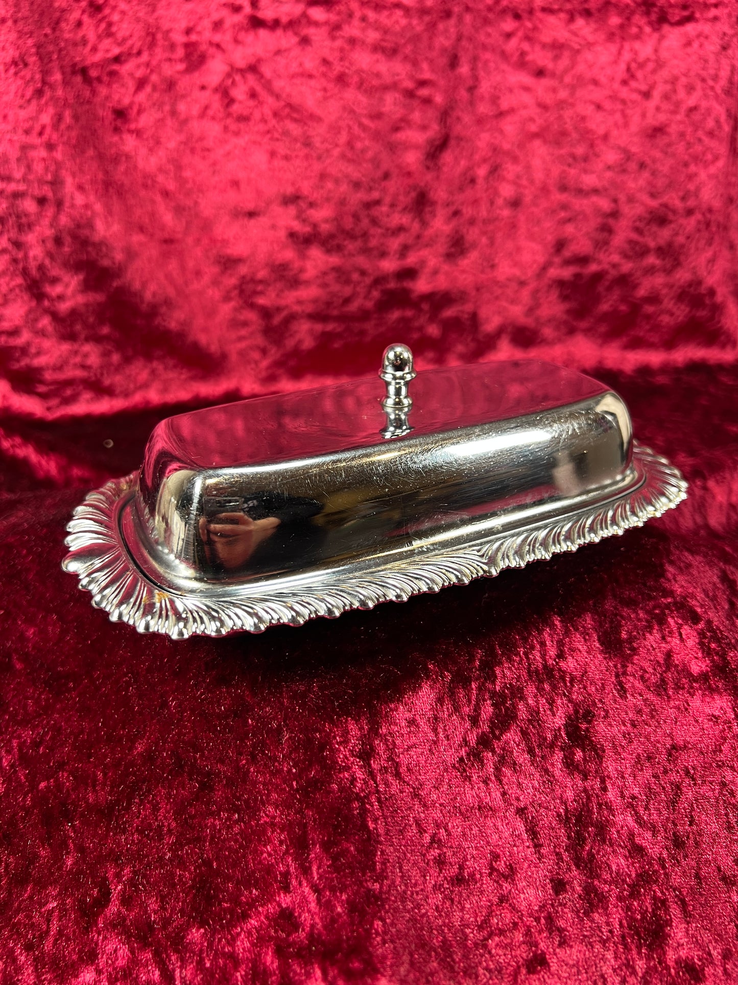 Vintage Kitchen - Covered Butter Dish - Silver Metal with Glass Insert - Ornate Edging