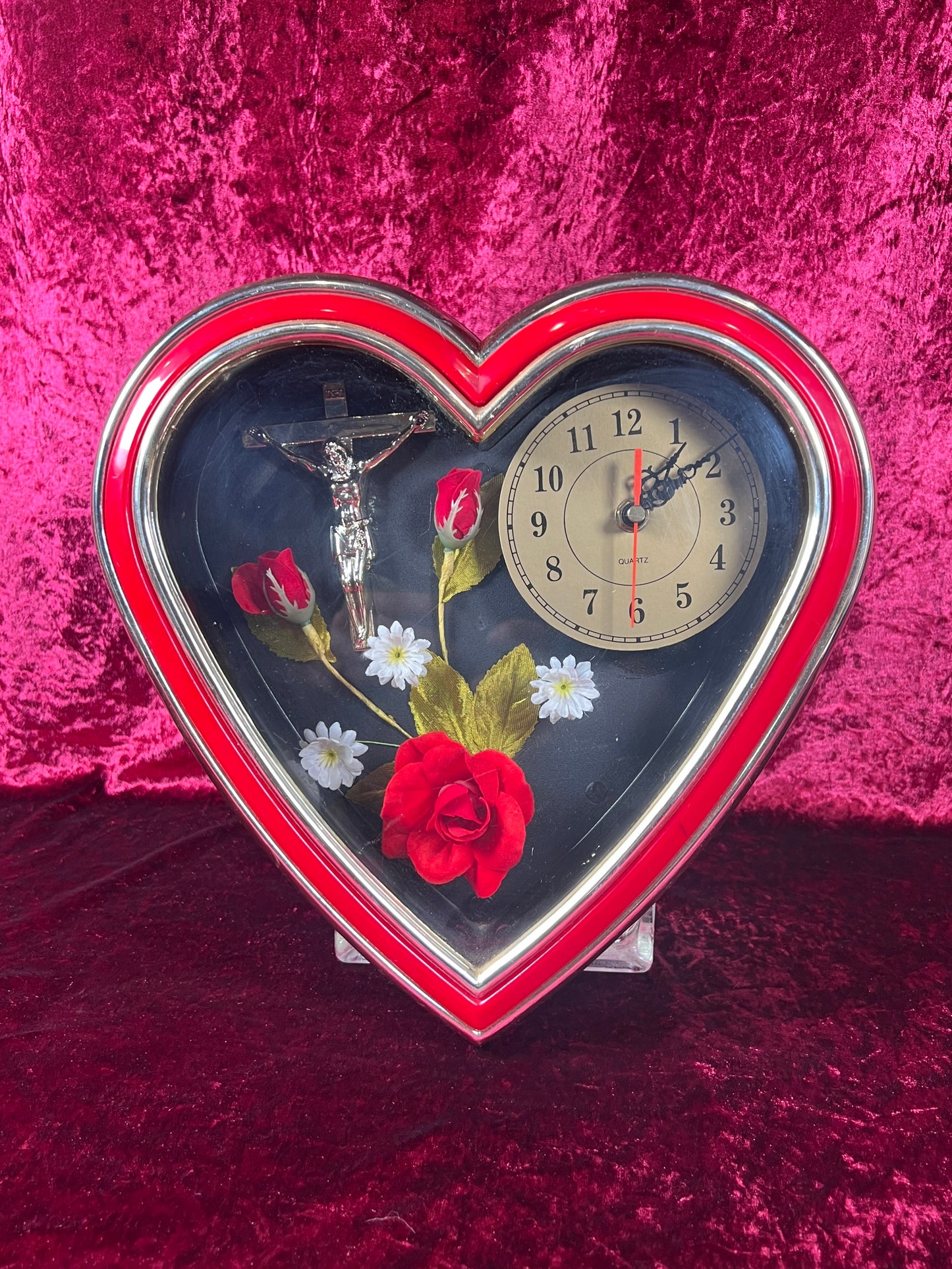Vintage Wall Clock - Red Heart Shaped Shadow Box - Crucifix and Roses