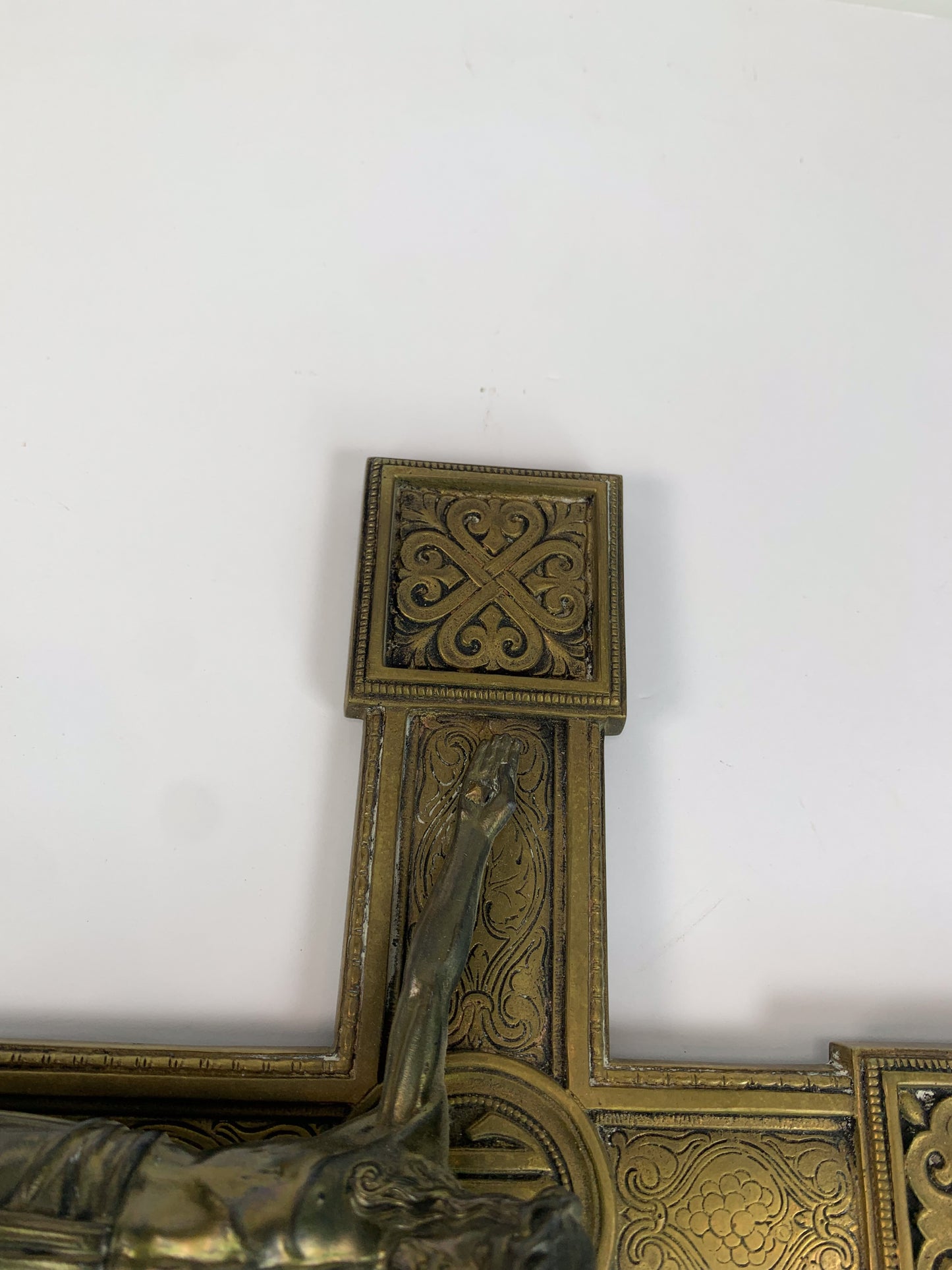 Antique Solid Brass Pectoral Crucifix - Ornate Relief Jesus Statue