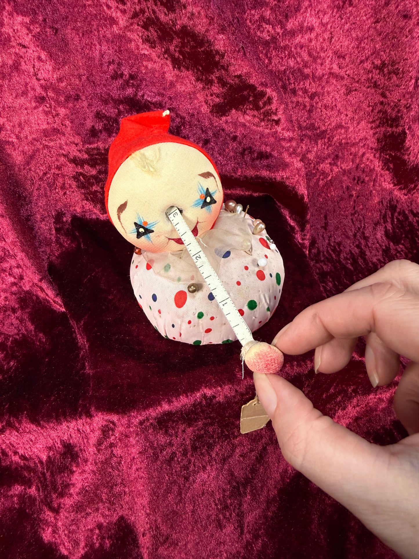 Vintage Pin Cushion Set – Mid Century Jester Clown and Drum - Tape Measure Nose