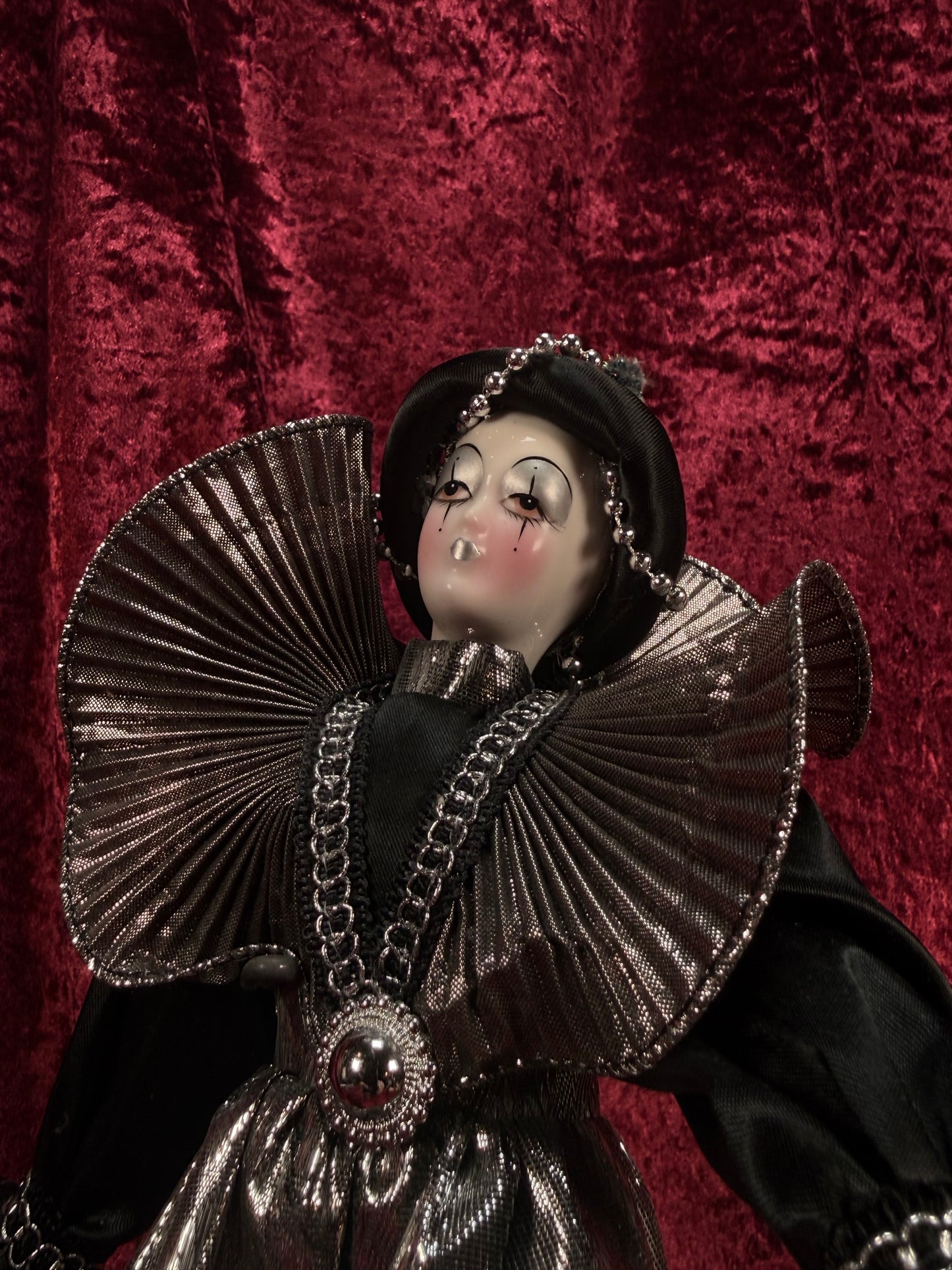 Vintage Silvestri Porcelain Pierrot Doll – Silver Metallic Black Harlequin Figure