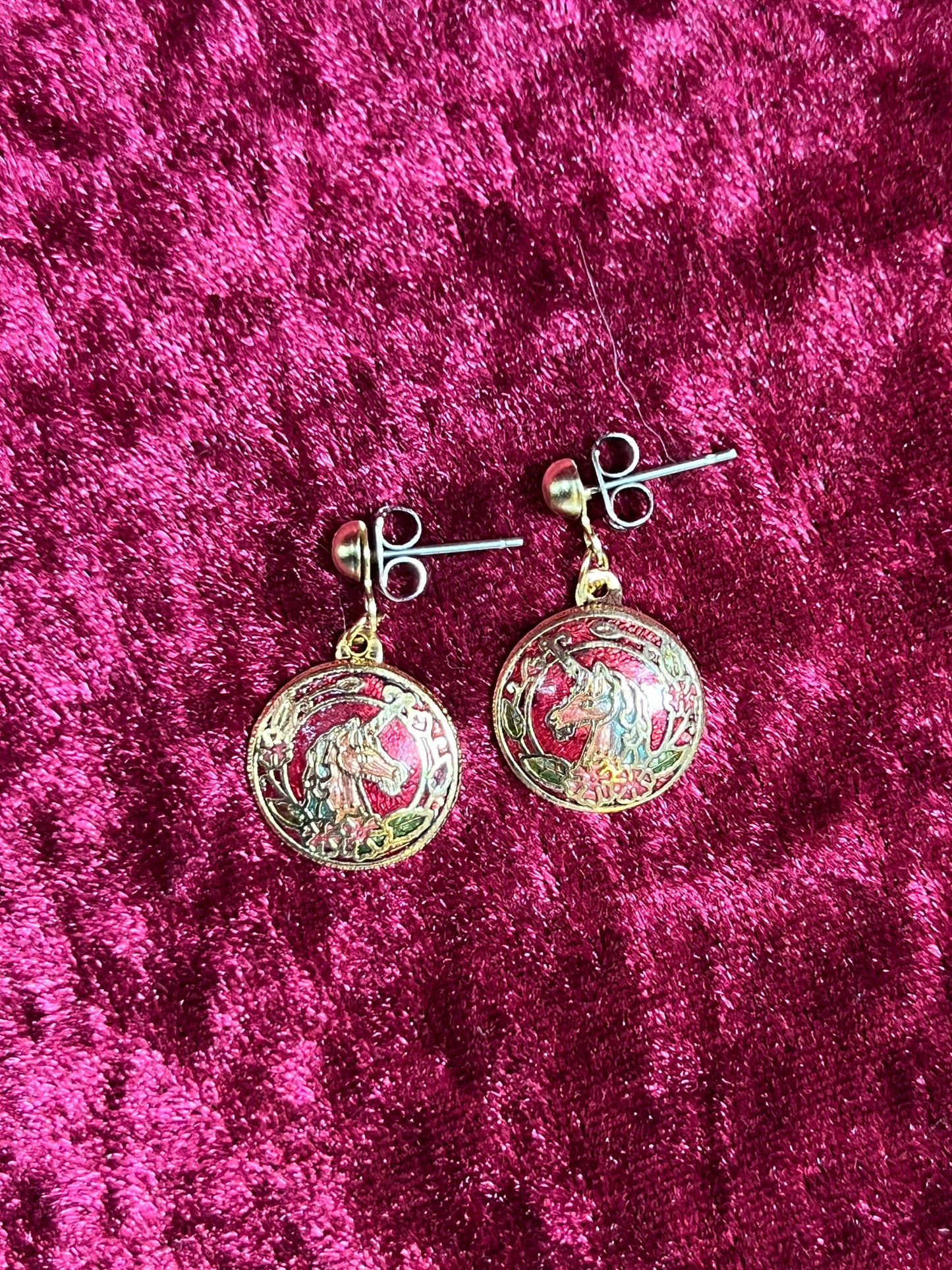 Vintage Jewelry - Earrings - Cloisonné - Unicorns - Made In Taiwan R.O.C.