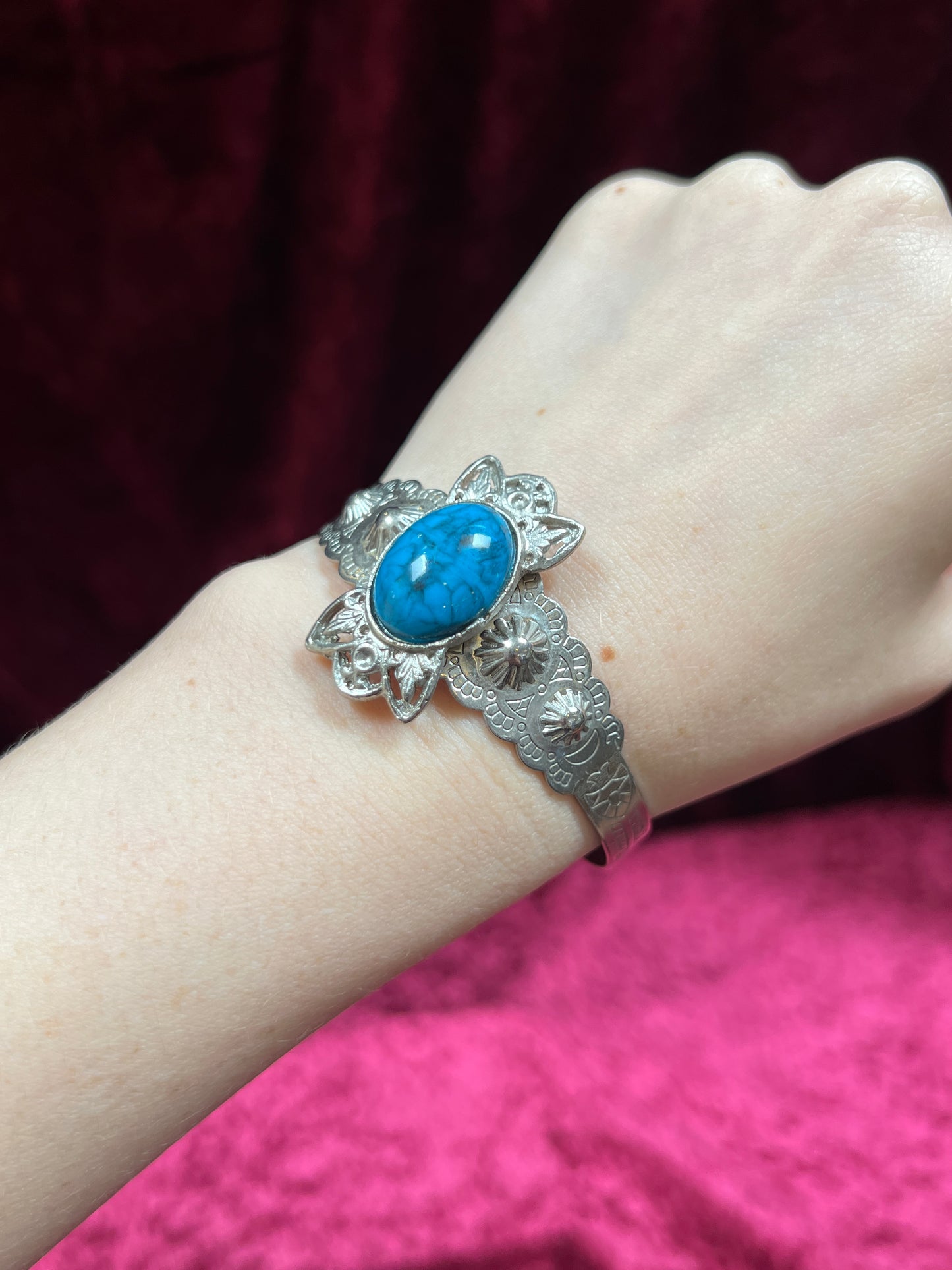 Vintage Jewelry - Cuff Bracelet - Engraved Silver Tone Metal - Faux Turquoise Center