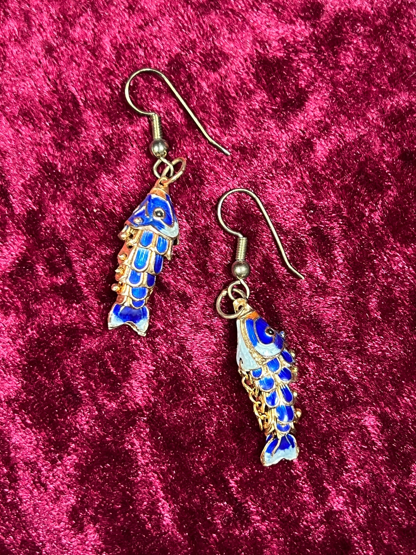 Vintage Jewelry - Drop Earrings - Gold Tone Metal - Articulated Enamel Koi Fish