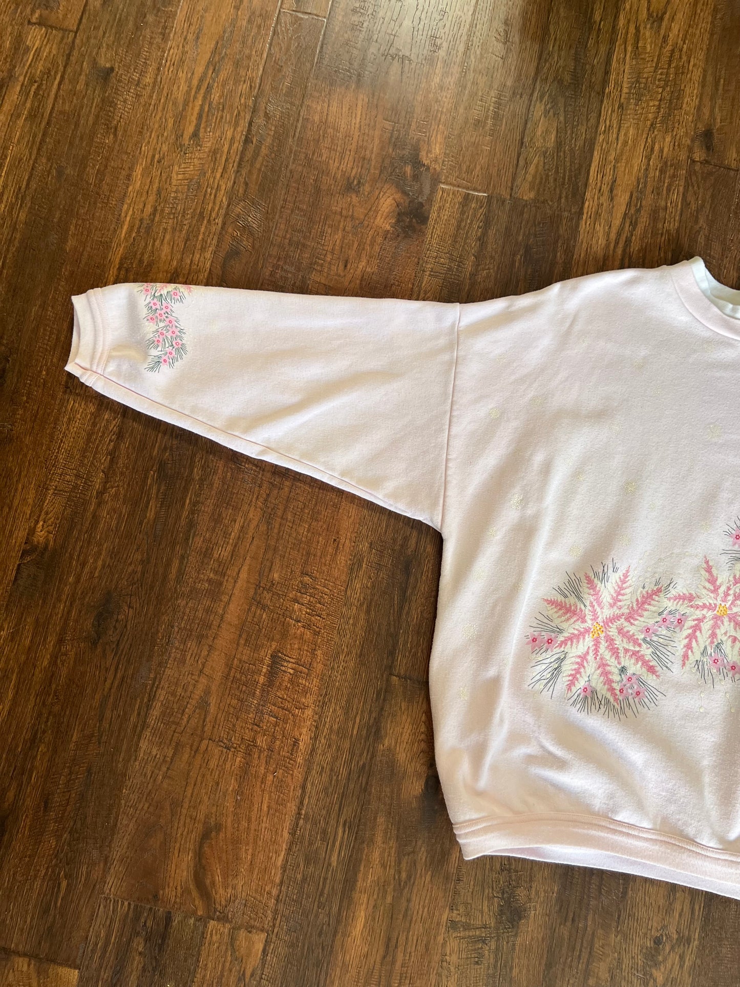 Vintage Clothing - Screen Printed Crewneck Sweatshirt- Pink Flowers & Glitter Snowflakes - Artisans - XL