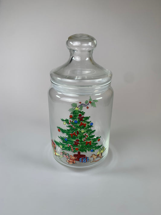 Vintage Christmas Decor - Glass Apothecary Jar - Christmas Tree & Mistletoe - Luminarc - France