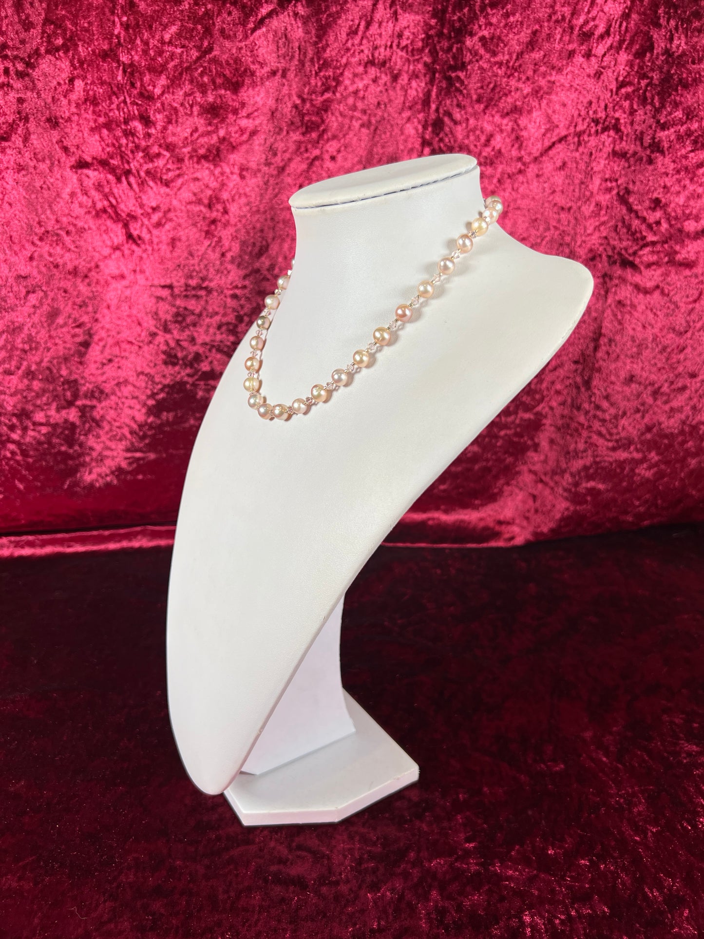 Vintage Jewelry - Beaded Necklace - Faux Pink Pearls and Crystal Beads - 17"
