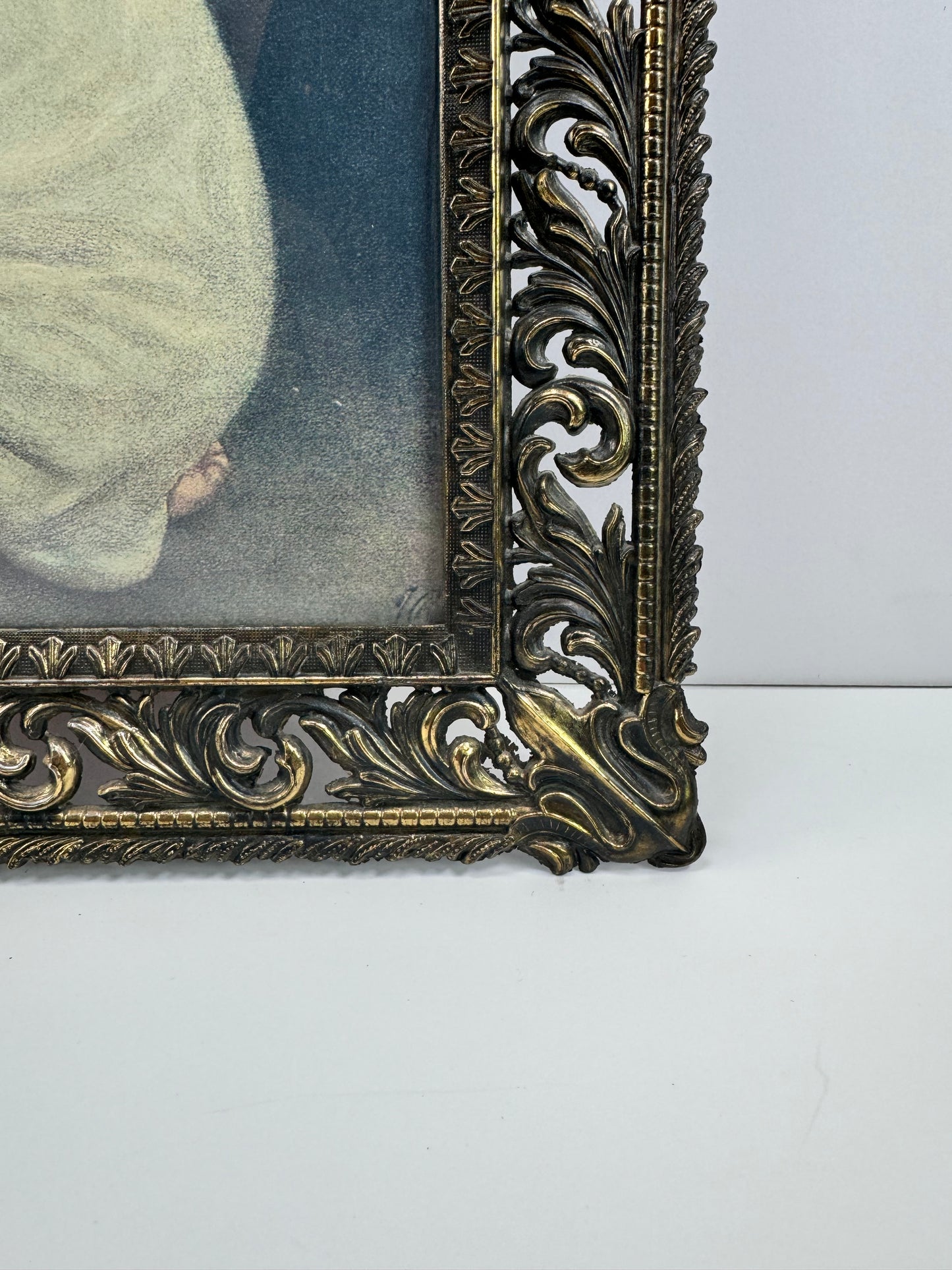 Vintage Framed Lithograph - Samuel in Prayer Sir Joshua Reynolds | Italian Ornate Brass Frame w/ Bubble Glass