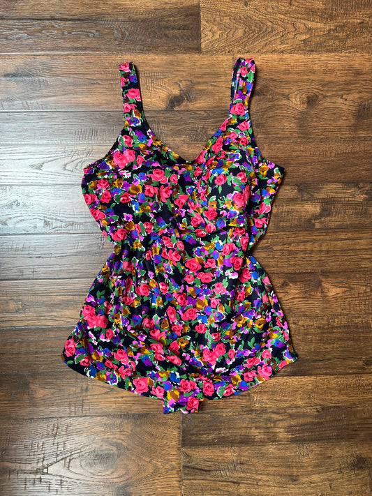 Vintage Clothing - One Piece Swimsuit - Multicolor Florals on Navy - Large - Body I.D.