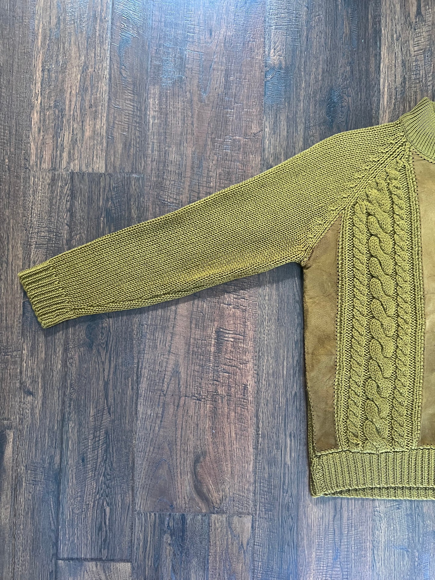 Vintage Clothing - Cable Knit Sweater - Mock Turtleneck - Suede Detail - Pea Soup Green - Small